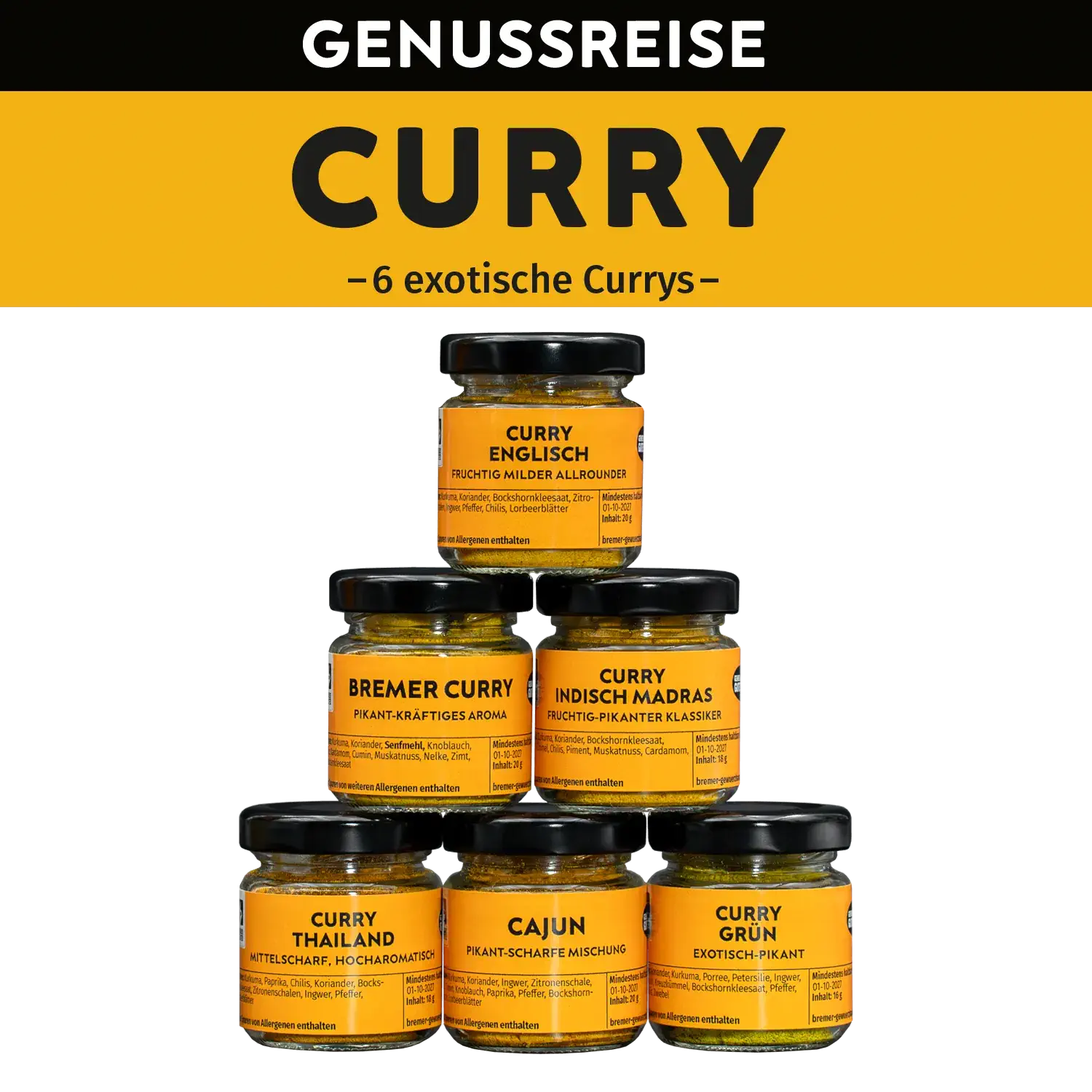 Genussreise Curry, 6 Tlg. Zusammenstellung der Gläser aus der Curry-Genussreise