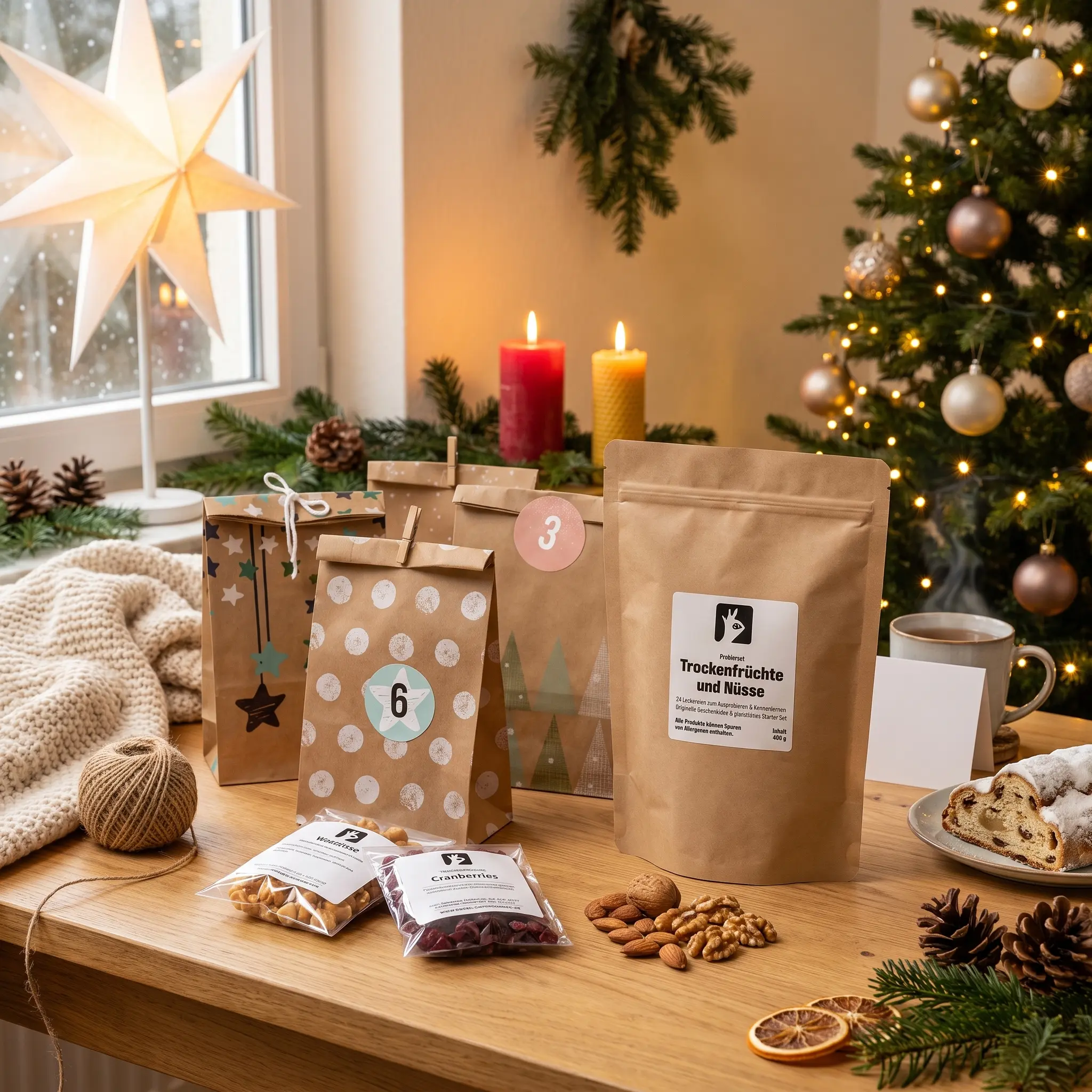 Trockenfrüchte & Snacks Adventskalender-Set mit Beuteln zum Selberbasteln - Papiertütchen