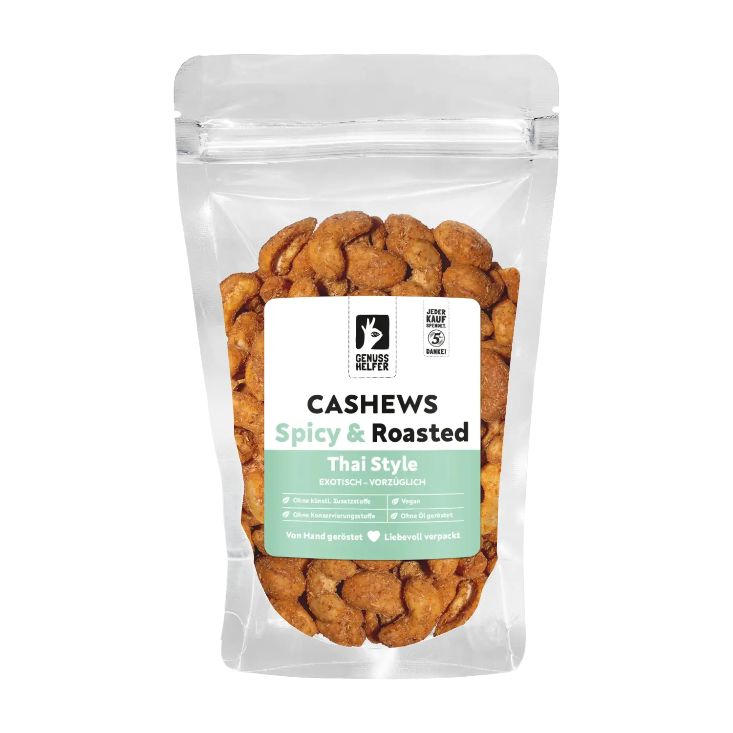 Cashews Thai-Style, geröstet & gewürzt Vorderansicht eines Beutels mit Cashewkernen „Thai Style Spicy Roasted“