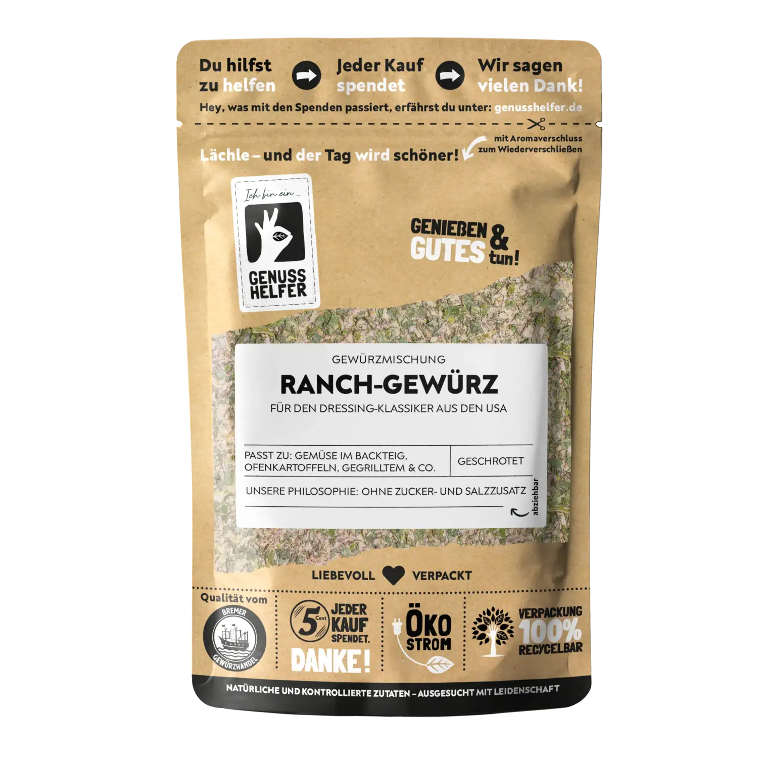 Ranch Gewürz, amerikanische Gewürzmischung, geschrotet Vorderansicht eines Beutels mit Gewürzmischung „Ranch“