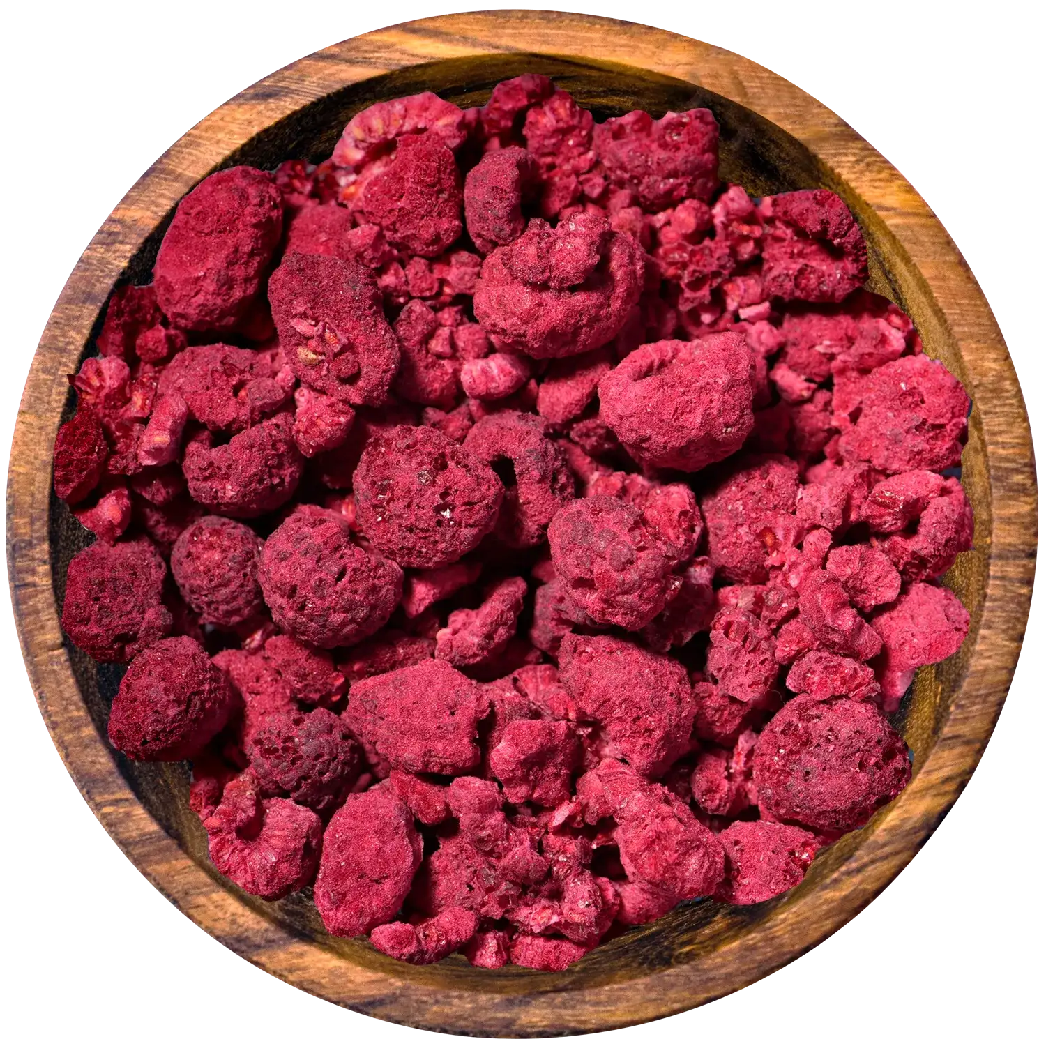 Vorderansicht eines Beutels mit gefriergetrockneten Himbeeren