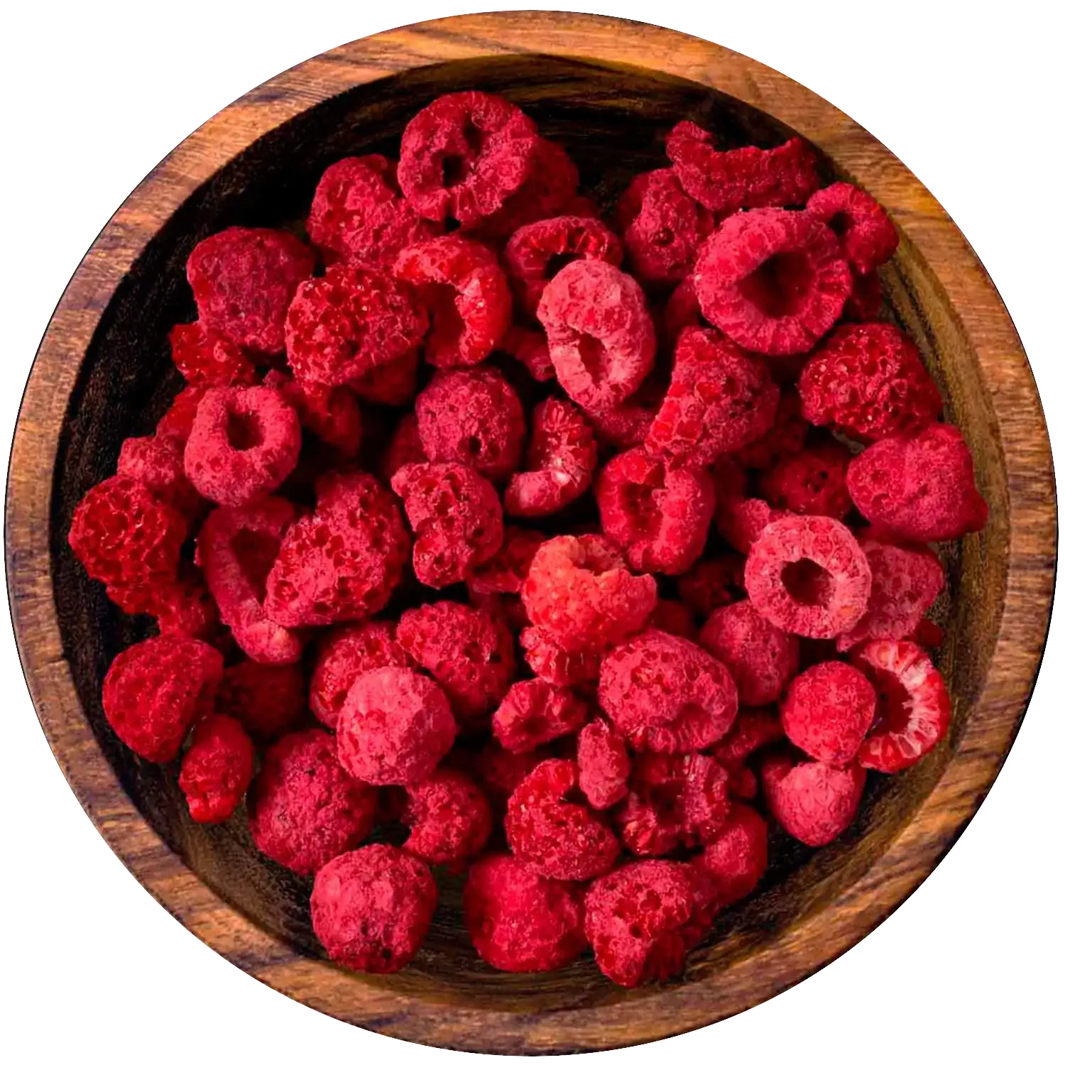 Himbeeren, gefriergetrocknet Vorderansicht eines Beutels mit gefriergetrockneten Himbeeren