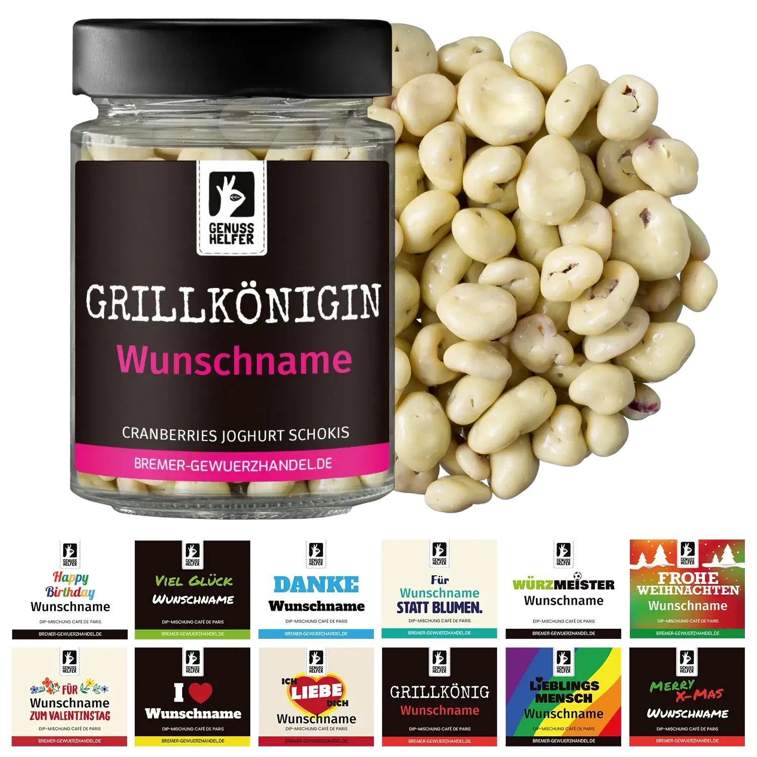 Geschenkglas: Cranberry Joghurt Schokis Saisonale Darstellung der Joghurt-Schokis mit Cranberries