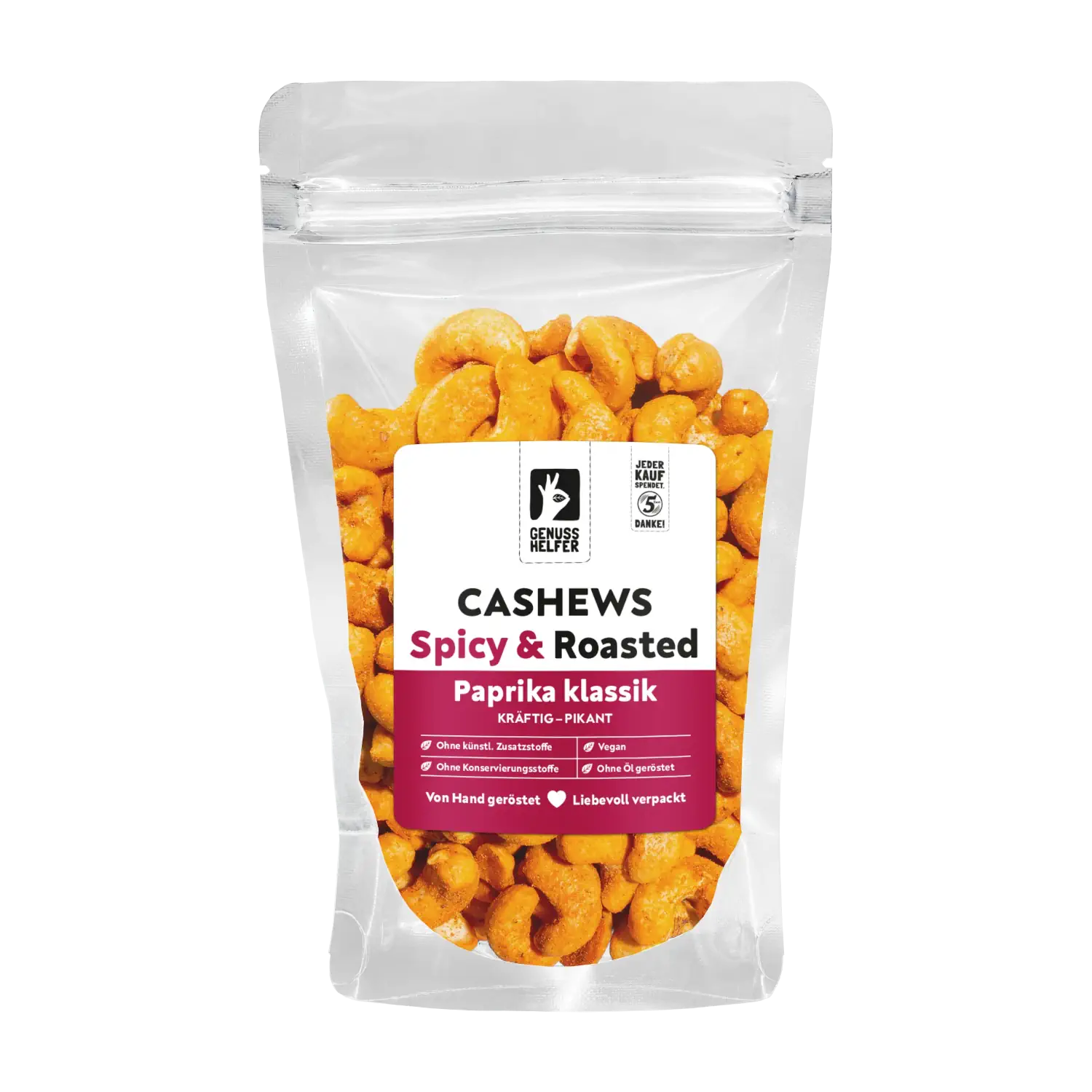 Cashews Paprika Klassik, geröstet & gewürzt Vorderansicht eines Beutels mit gerösteten Paprika-Cashews