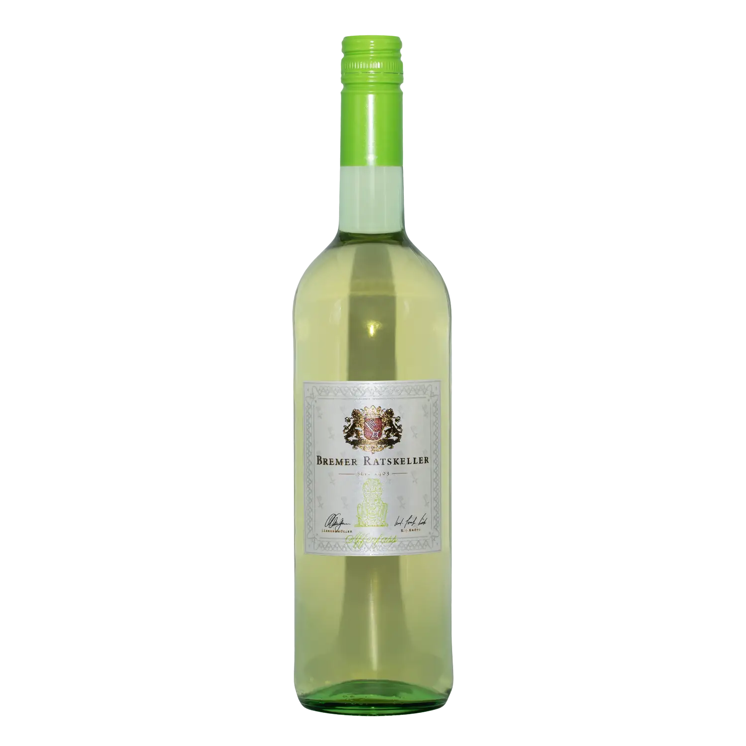 Edition Affenfass Weißwein feinherb, Pfalz 2022 Vorderansicht einer Flasche Weißwein „Edition Affenfass“ vom Bremer Ratskeller