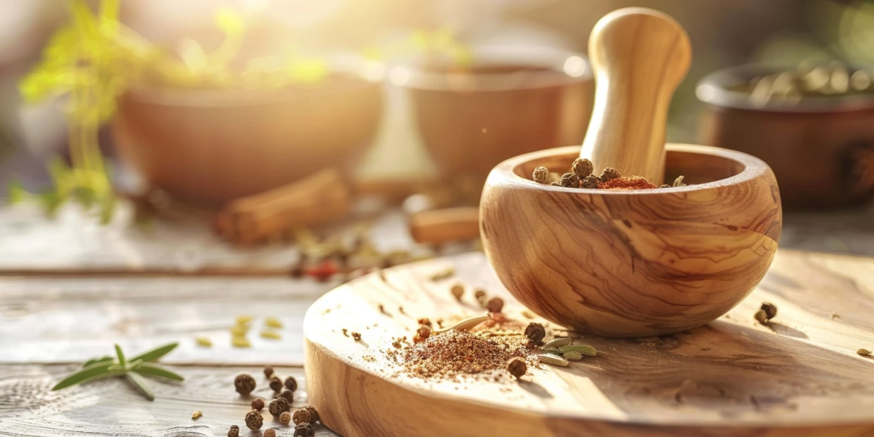Holzmörser mit Pfefferkörnern und anderen Gewürzen