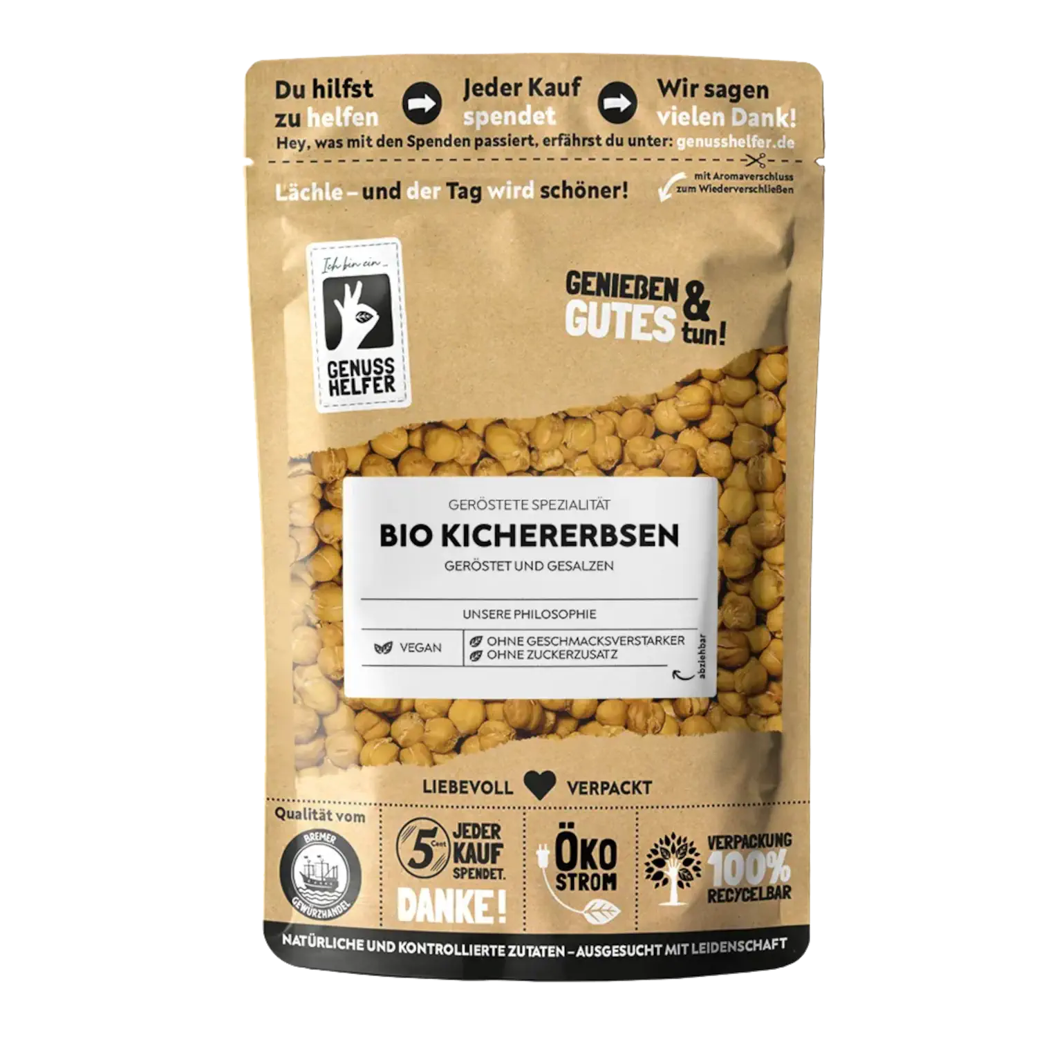 BIO Kichererbsen, geröstet & leicht gesalzen Vorderansicht eines Beutels mit gerösteten Bio Kichererbsen