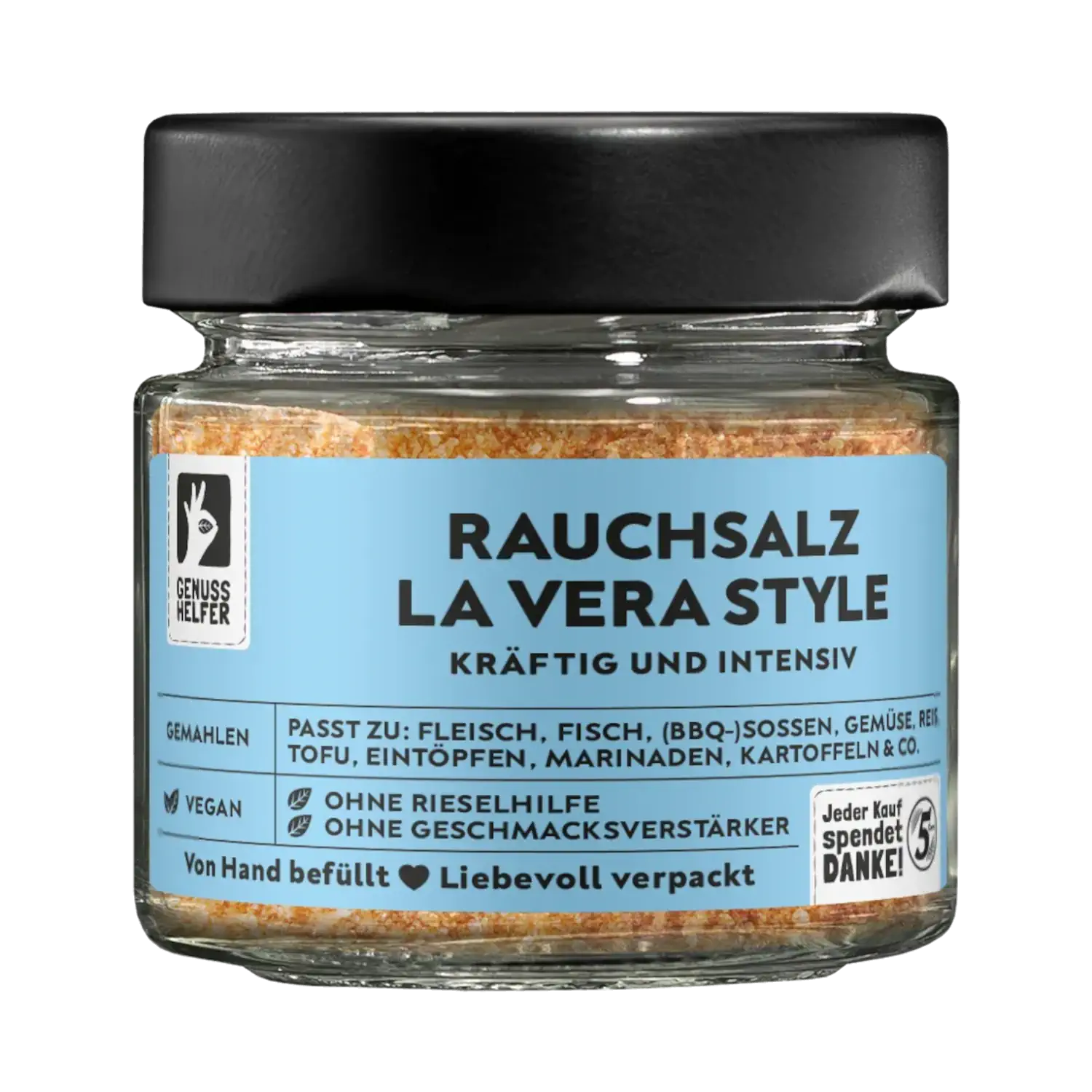 Rauchsalz La Vera Style, gemahlen, im Glas Vorderansicht eines Glases mit gemahlenem Rauchsalz „La Vera Style“