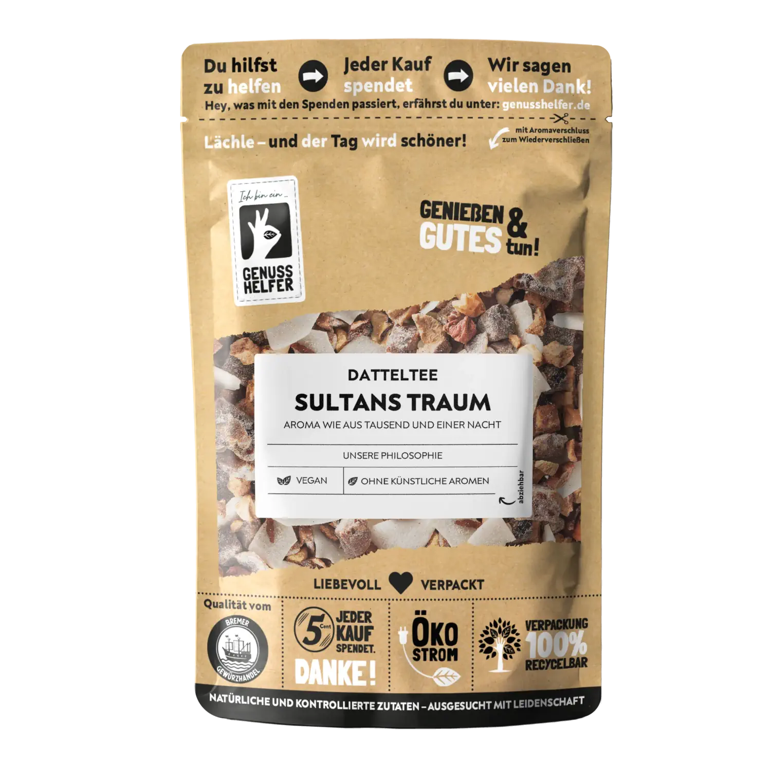 Sultans Traum, Datteltee, Früchtetee Vorderansicht eines Beutels mit Datteltee „Sultans Traum“