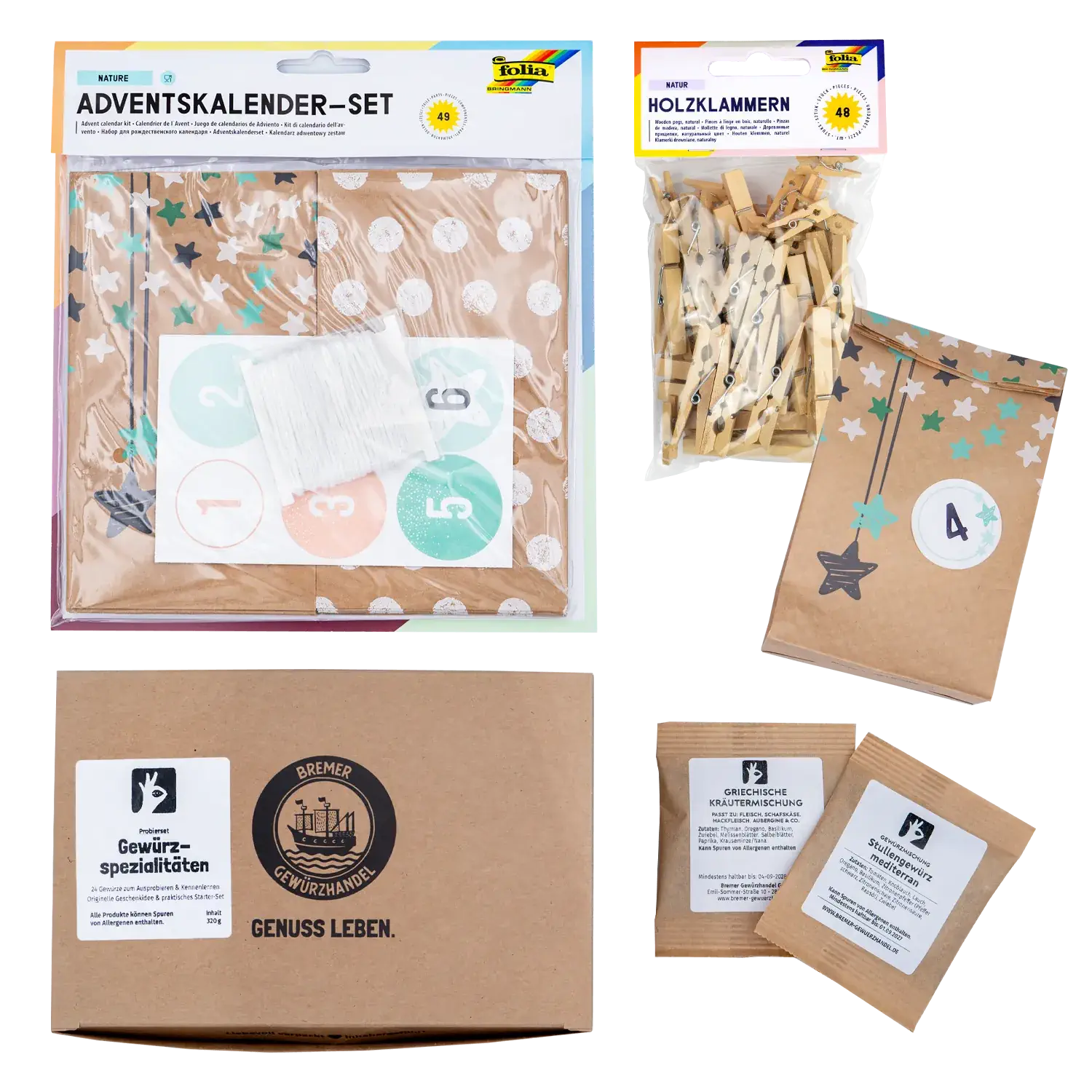 Gewürze Adventskalender-Set mit Beuteln zum Selberbasteln - Papiertütchen Adventskalender-Set „Nature“ mit Gewürzen und Holzklammern in Naturfarbe