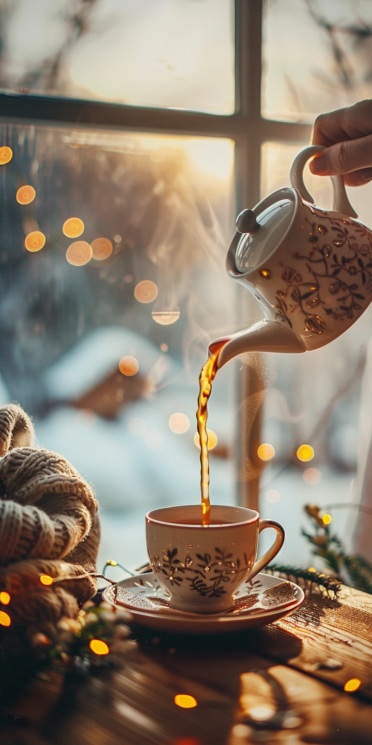 Teekanne gießt heißen Tee in eine Tasse – stimmungsvolles Teeritual
