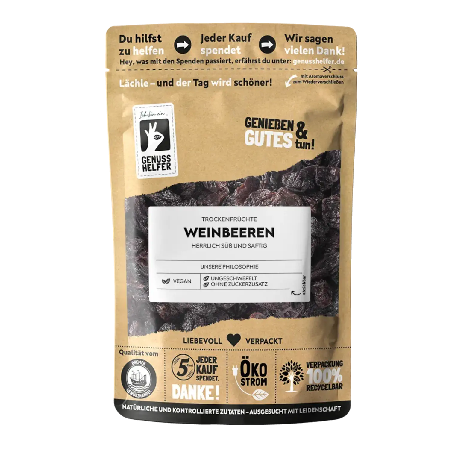 Weinbeeren, getrocknet Vorderansicht eines Beutels mit getrockneten Weinbeeren