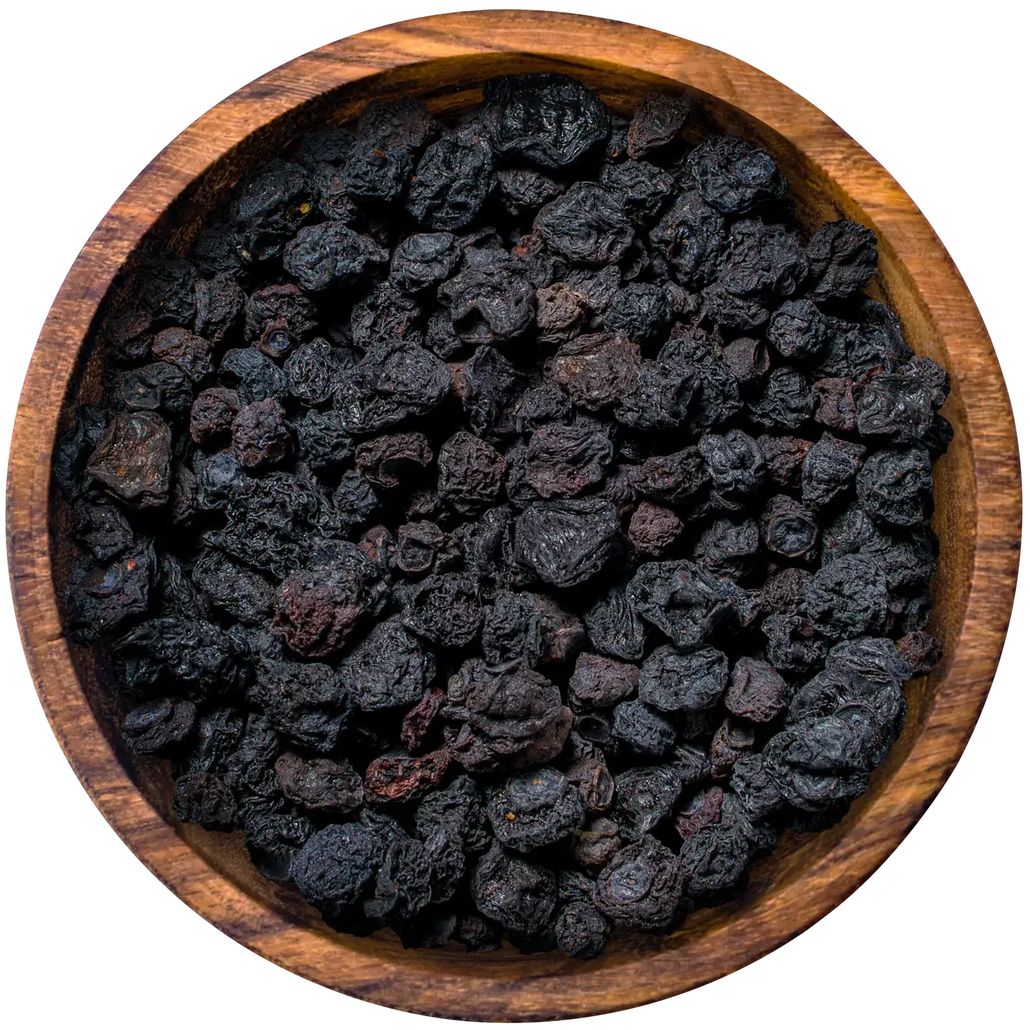Heidelbeeren, getrocknet Vorderansicht eines Beutels mit getrockneten Heidelbeeren