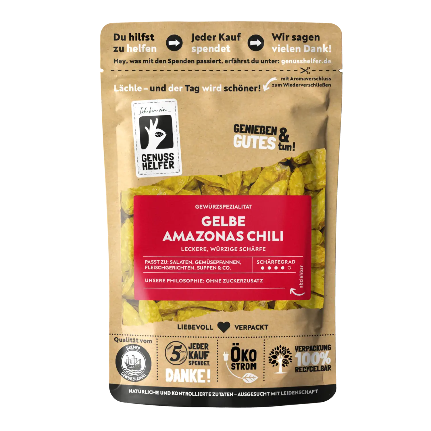 Amazonas Chili, gelb, ganz Vorderansicht eines Beutels mit ganzen gelben Amazonas-Chilis