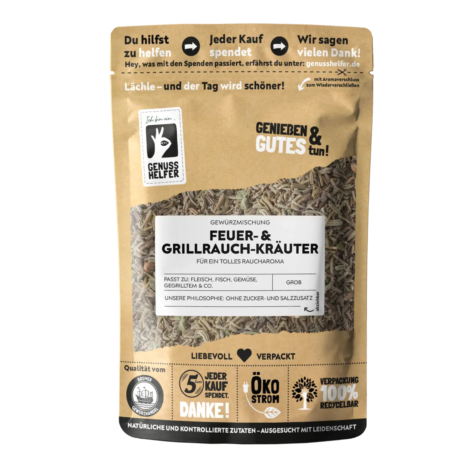 Feuer- & Grillrauchkräuter, gerebelt Vorderansicht eines Beutels mit Grill- und Rauchkräutern „Feuer“