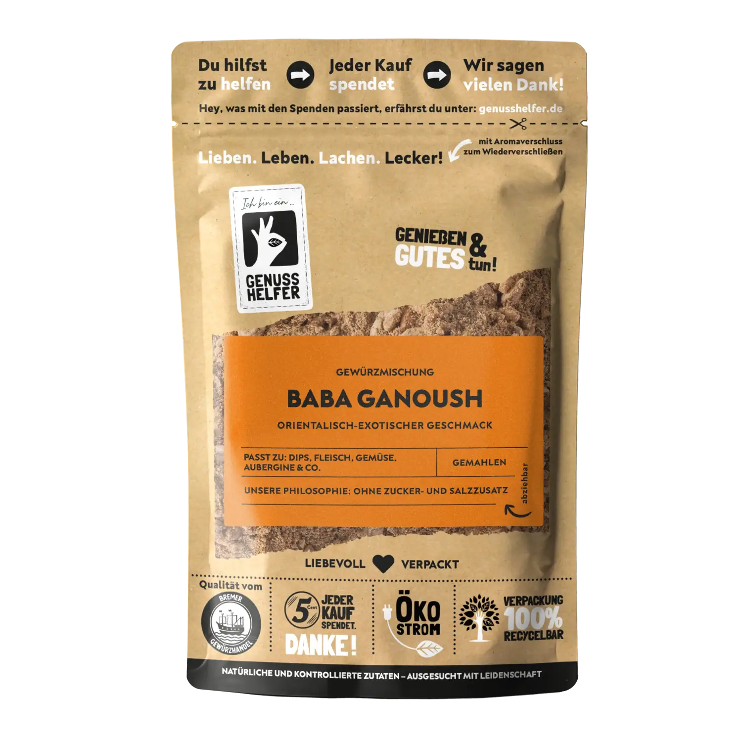 Baba Ganoush, afrikanische Gewürzmischung, gemahlen Vorderansicht eines Beutels mit afrikanischer Gewürzmischung „Baba Ganoush“
