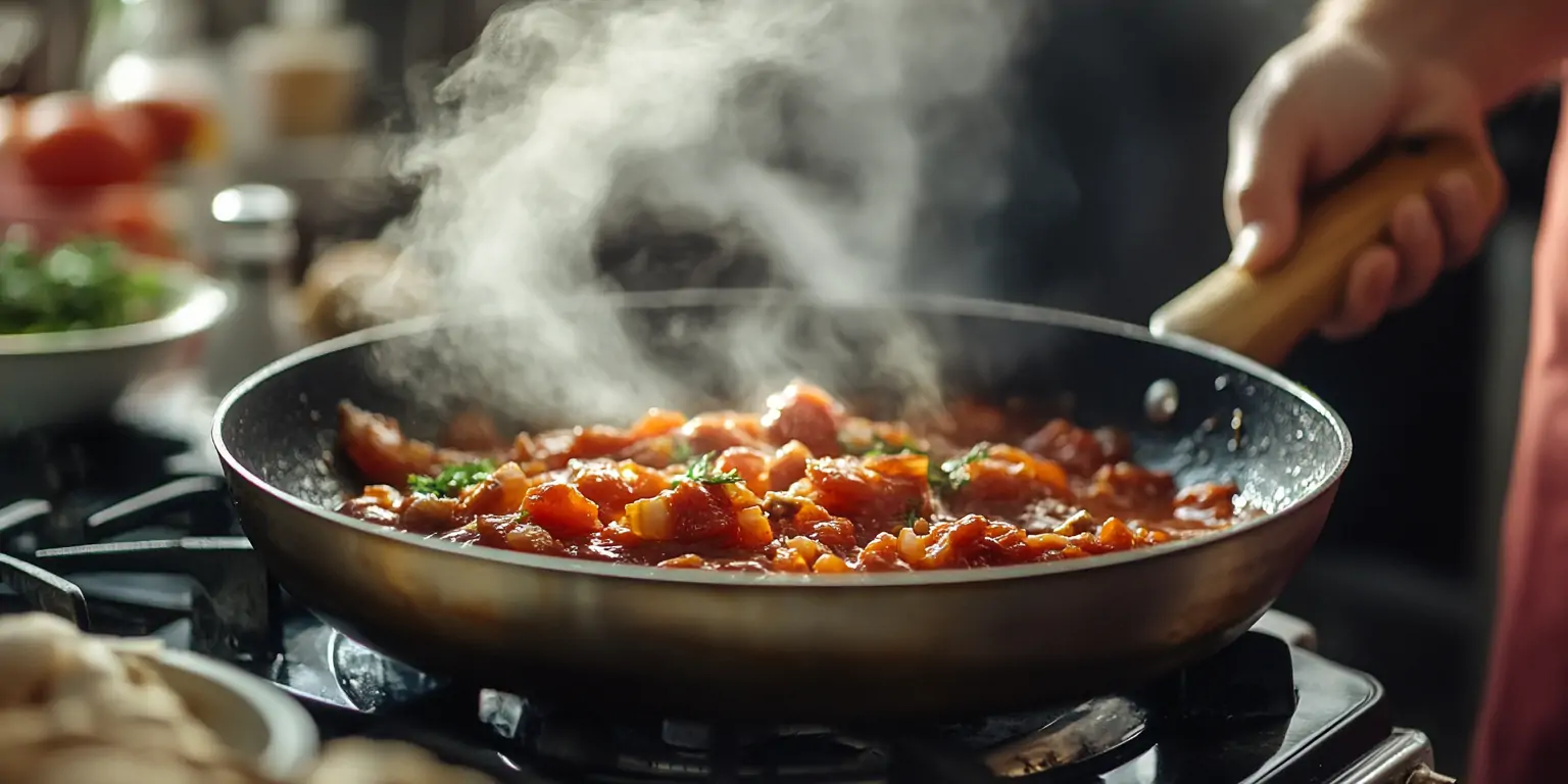 Tomatensauce wird eingekocht und angedickt