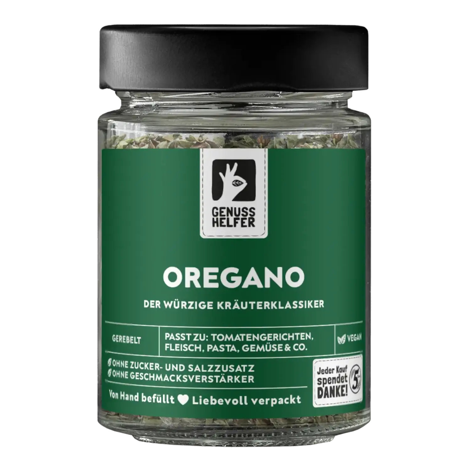 Oregano, gerebelt, im Glas Vorderansicht eines Glases mit gerebeltem Oregano