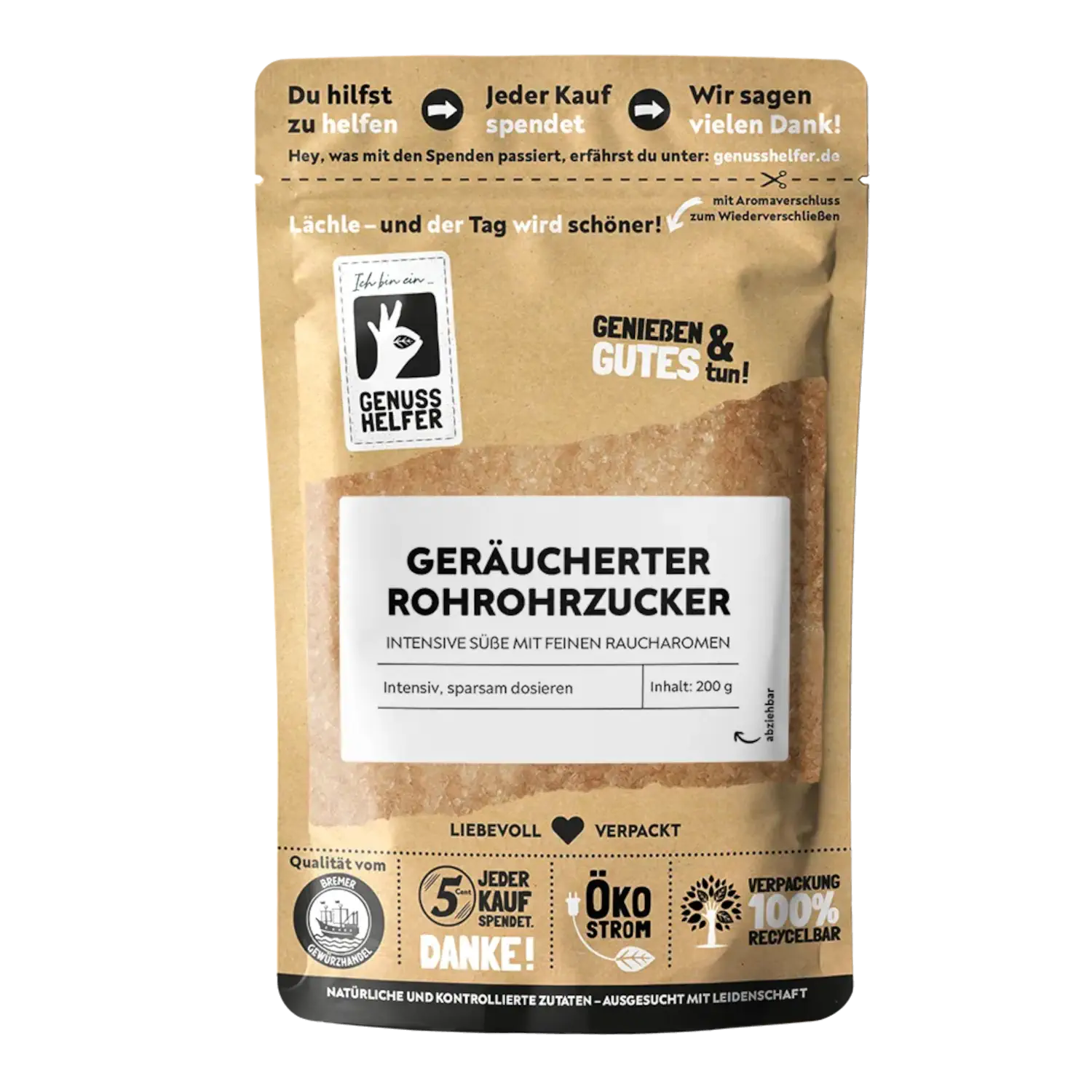 Rohrohrzucker,  geräuchert Vorderansicht eines Beutels mit geräuchertem Rohrohrzucker