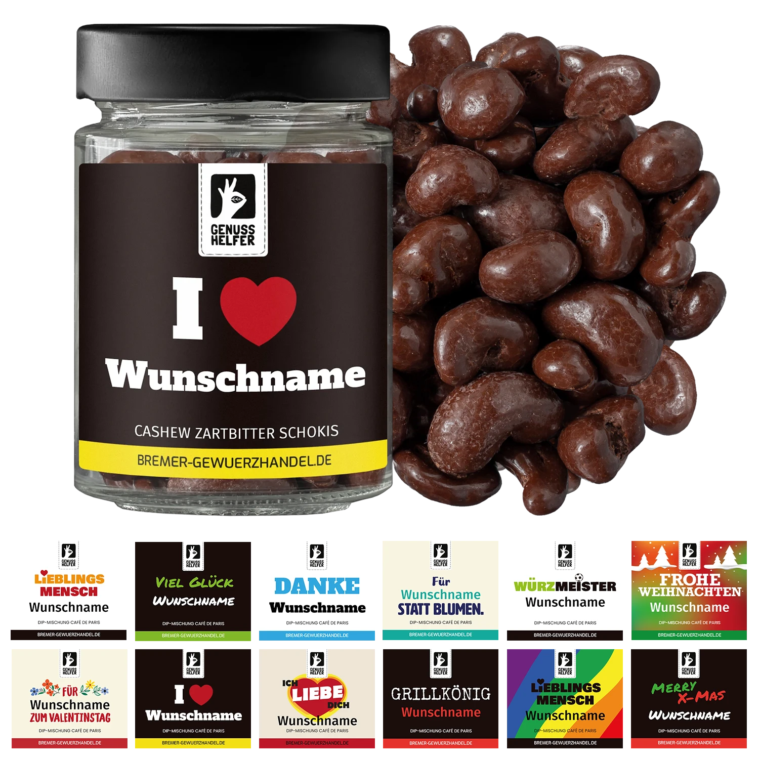 Saisonale Darstellung der Cashew-Zartbitterschokis – I Love You