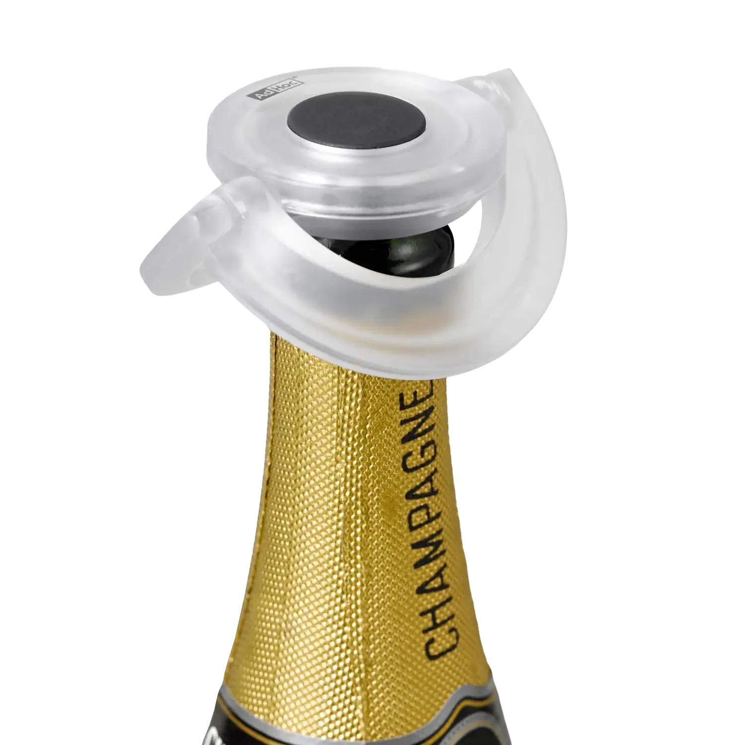 AdHoc Sekt- und Champagnerverschluss GUSTO, Klar Klarer Sekt- und Champagnerverschluss „Gusto“ auf einer Flasche