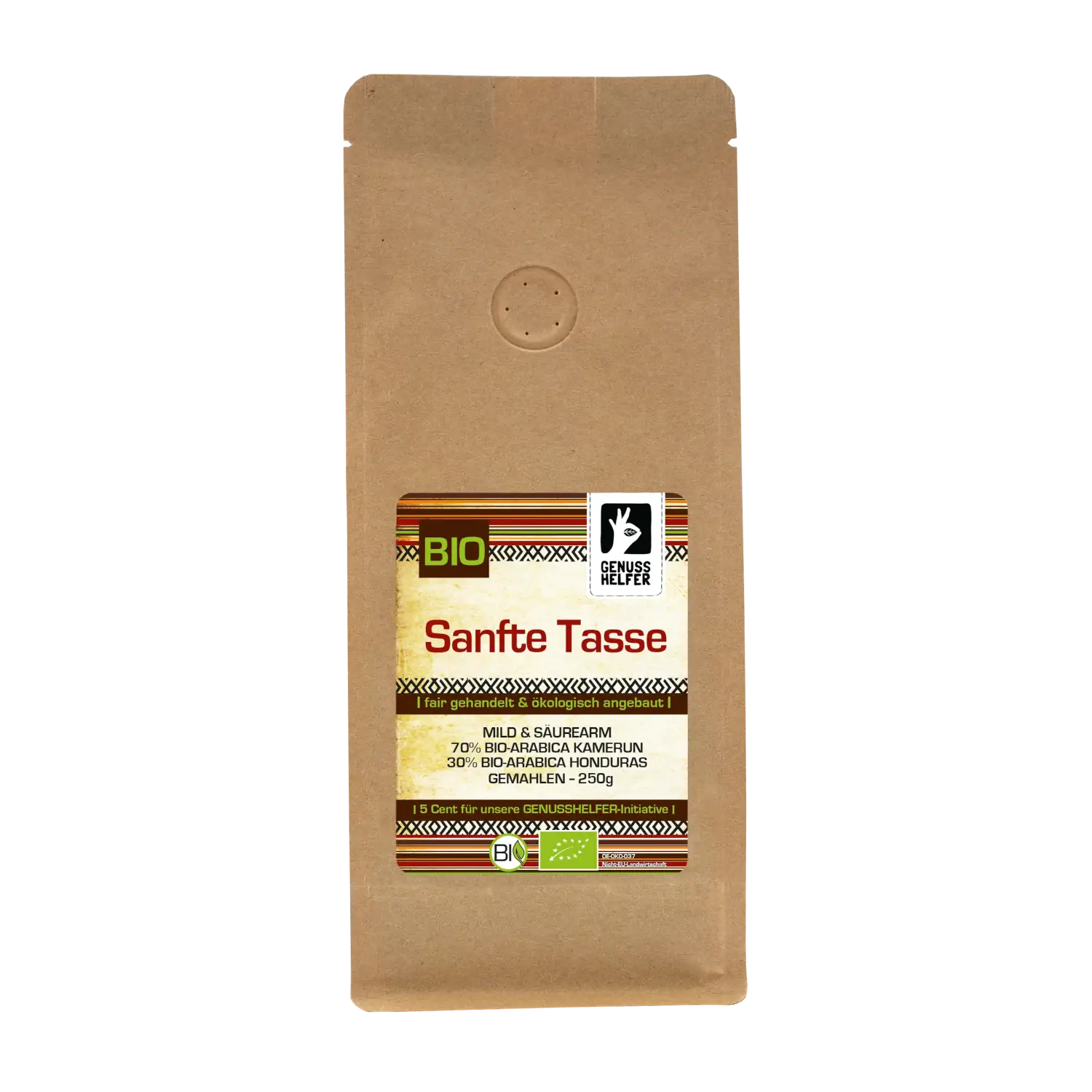 Sanfte Tasse, mild, BIO, gemahlen, 250g Detailansicht des 250-g-Beutels mit gemahlenem Kaffee „Sanfte Tasse“