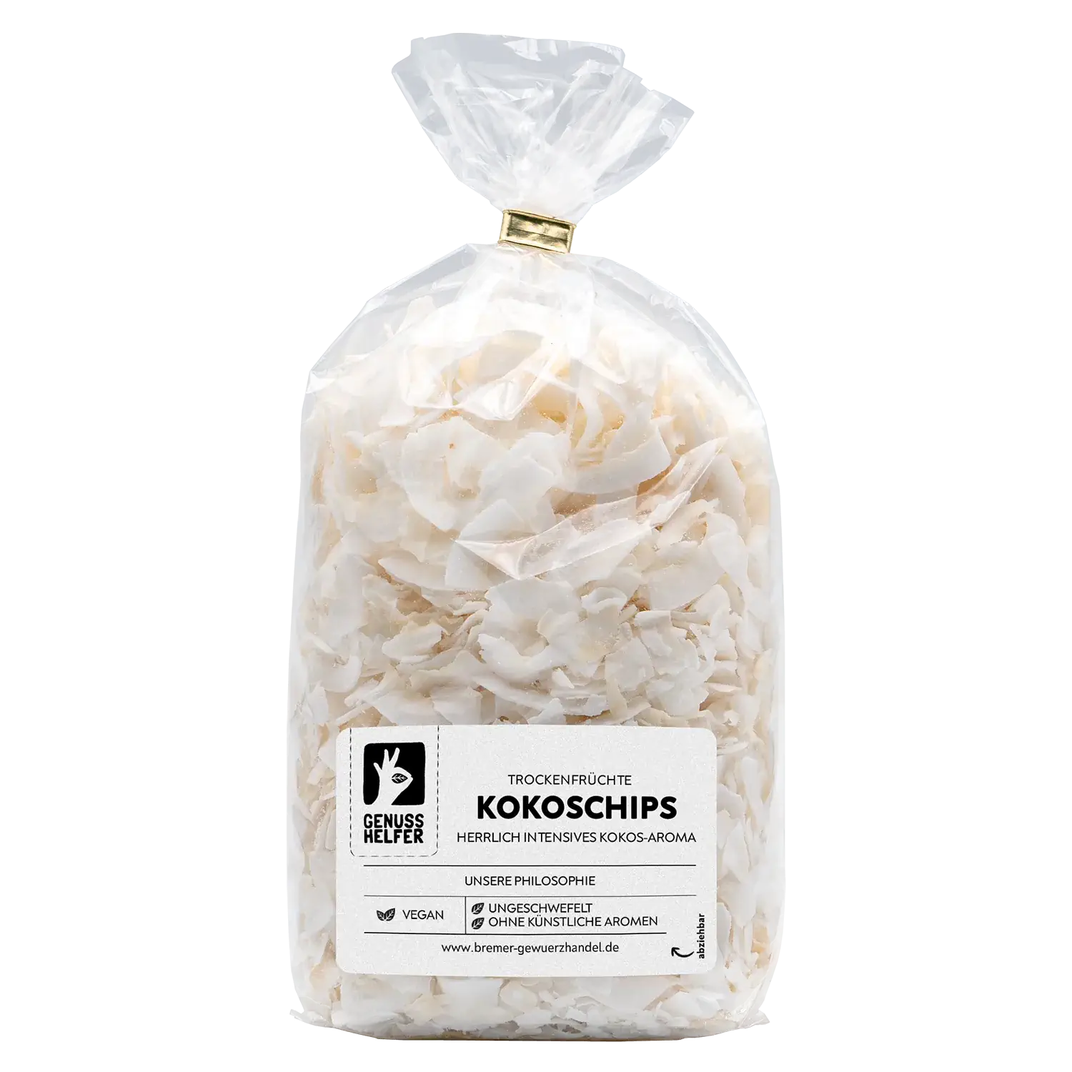 Kokoschips Vorderansicht eines Beutels mit ungerösteten Kokoschips