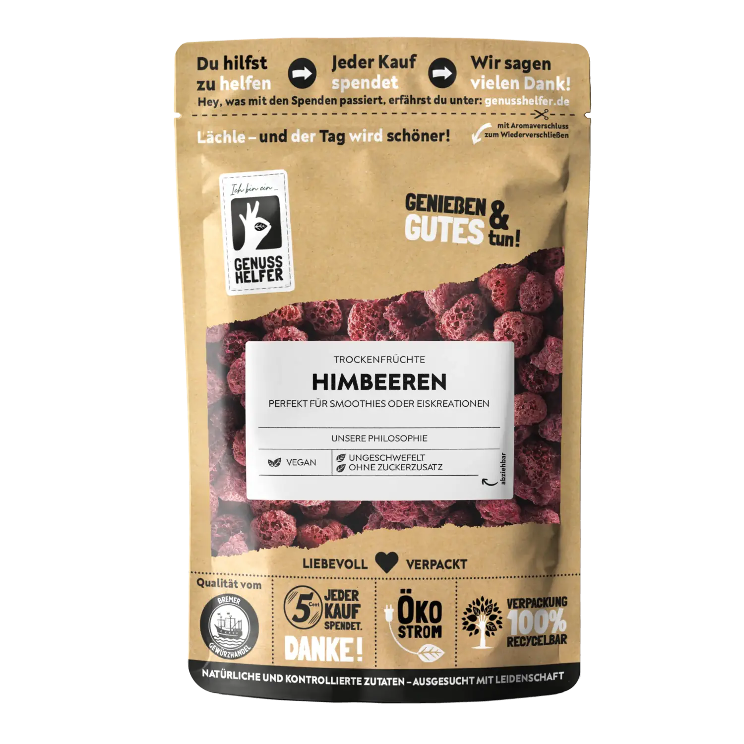 Vorderansicht eines Beutels mit getrockneten Himbeeren
