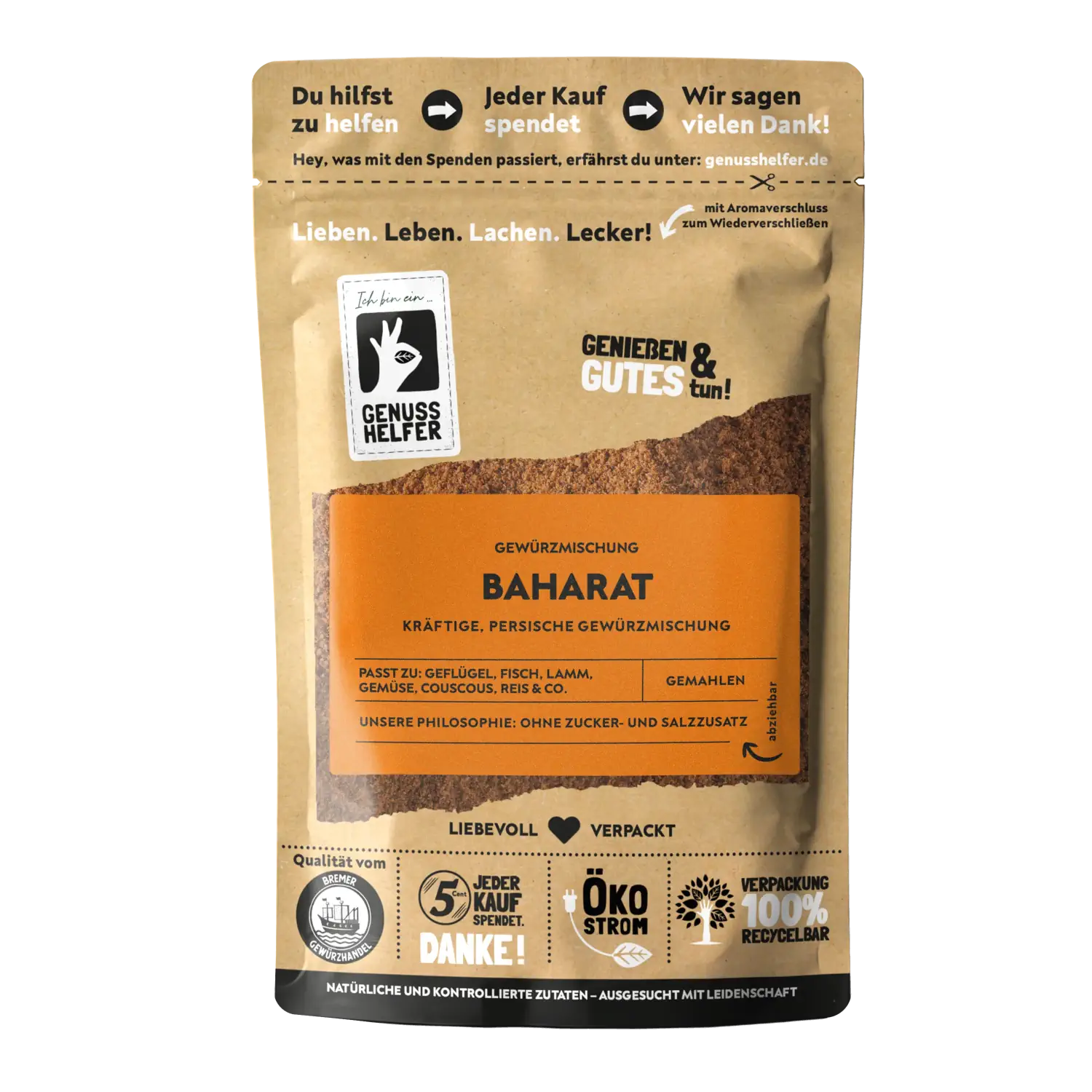Baharat, arabische Gewürzmischung, gemahlen Vorderansicht eines Beutels mit gemahlener arabischer Gewürzmischung Baharat