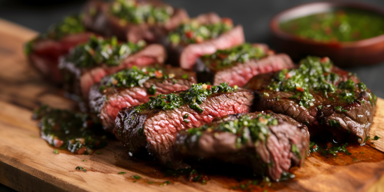 Gegrilltes Fleisch mit Chimichurri-Sauce serviert