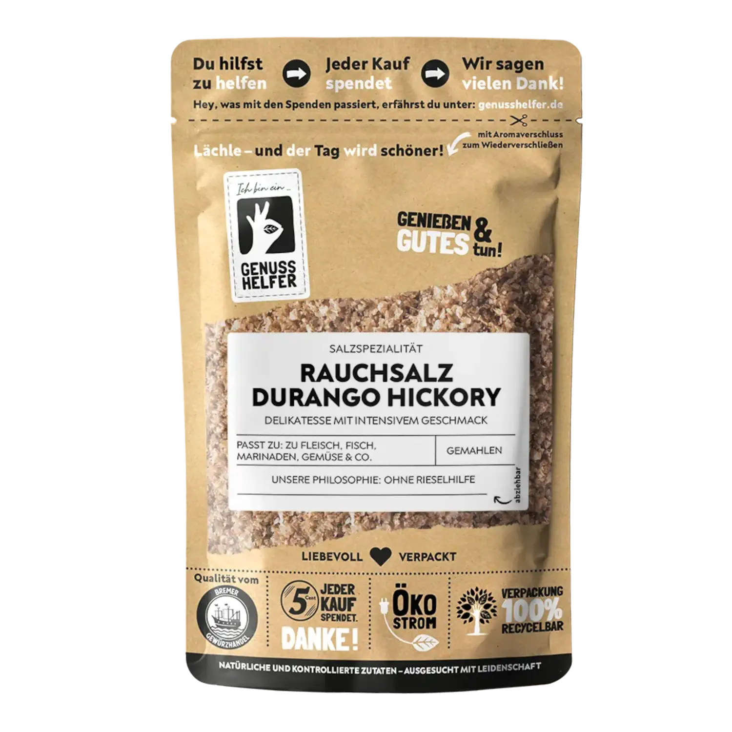 Rauchsalz Durango Hickory, Walnussholz Vorderansicht eines Beutels mit Rauchsalz „Durango Hickory Walnussholz“