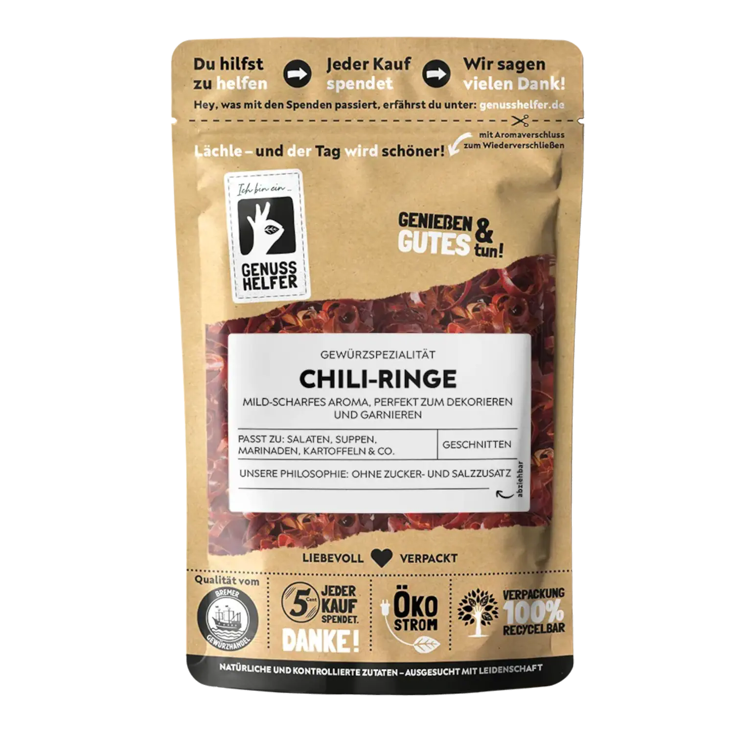 Chili Ringe Vorderansicht eines Beutels mit Chili-Ringen