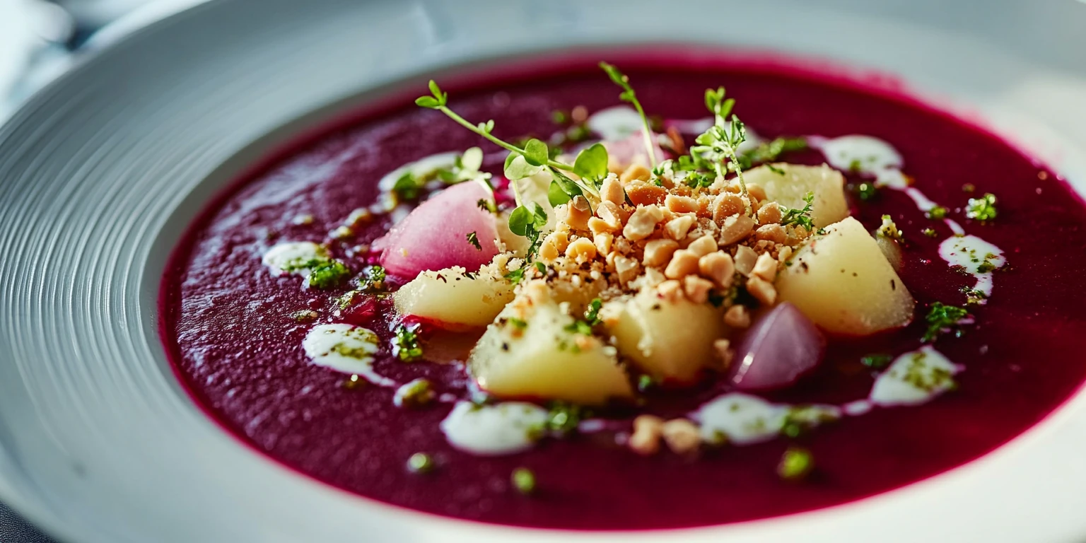 Rote-Bete-Suppe mit Wasabi-Erdnüssen dekoriert