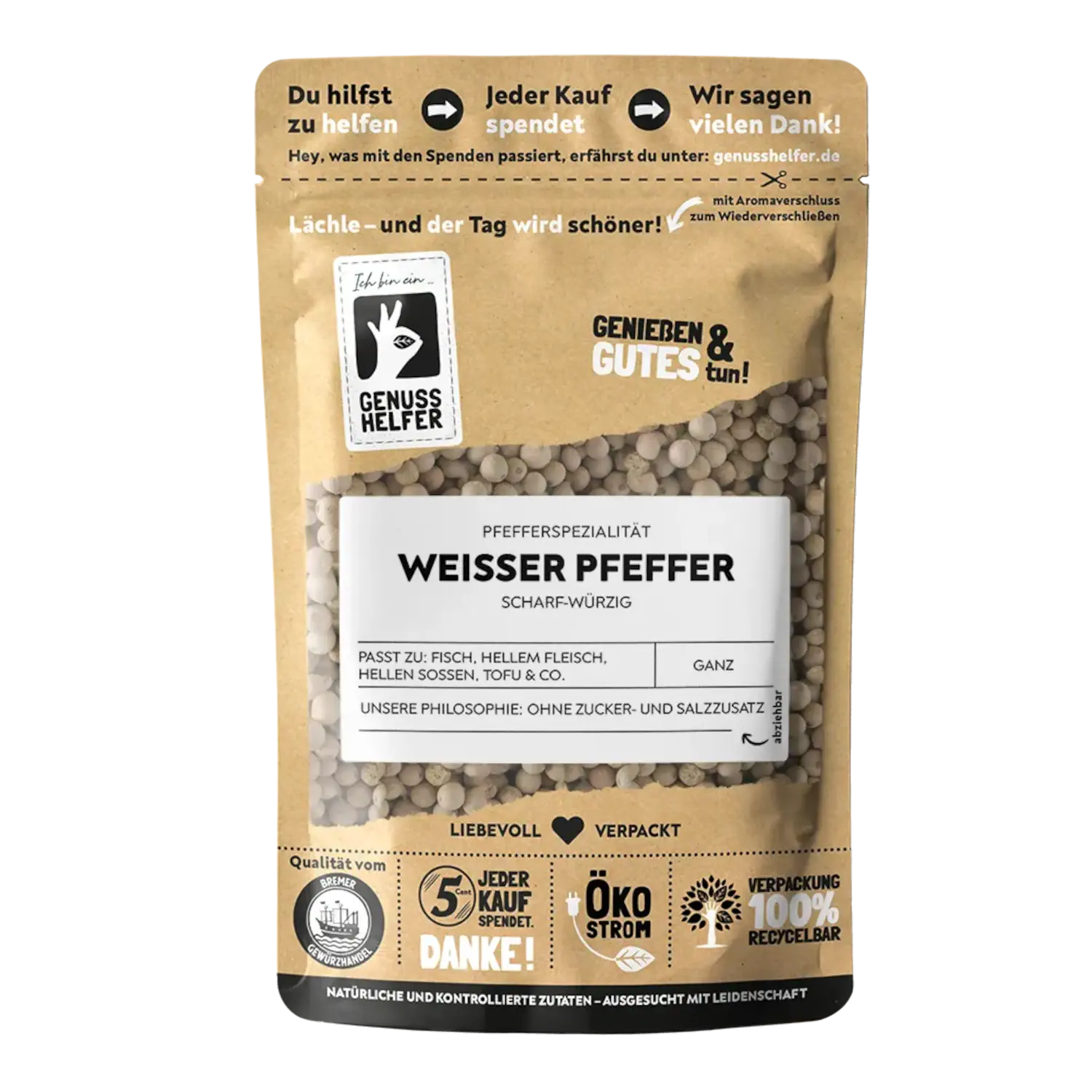 Pfeffer weiß, ganz Vorderansicht eines Beutels mit weißem Pfeffer (ganz)