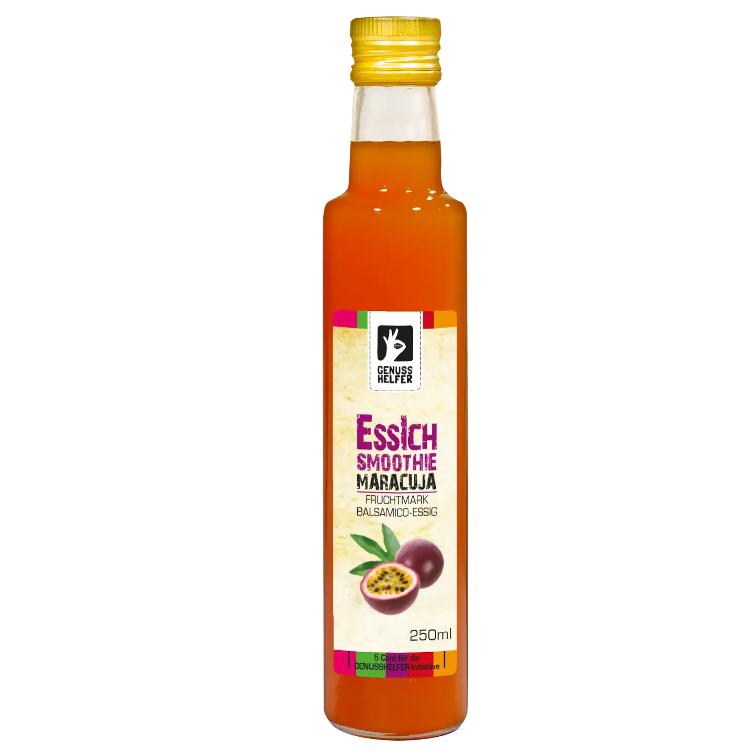 Maracuja-Balsamico mit Fruchtmark in einer Flasche