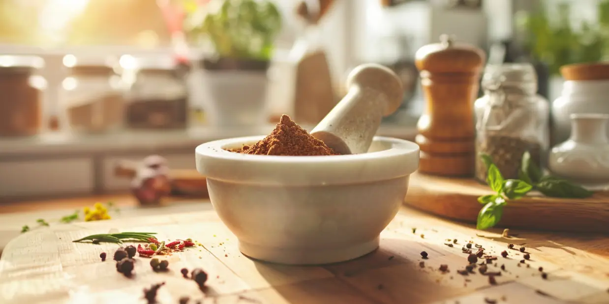 Nahaufnahme eines Gewürzmörsers mit grobem Pfeffer und Gewürzen