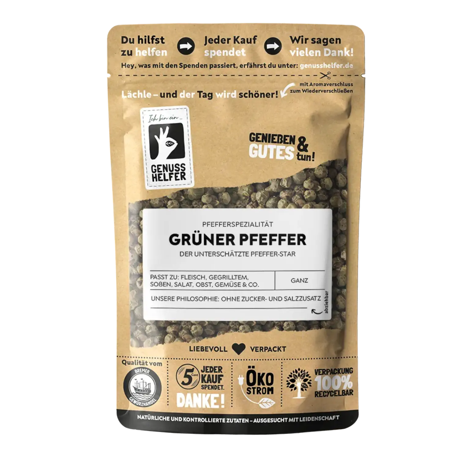 Grüner Pfeffer, ganz Vorderansicht eines Beutels mit grünem Pfeffer (ganz)