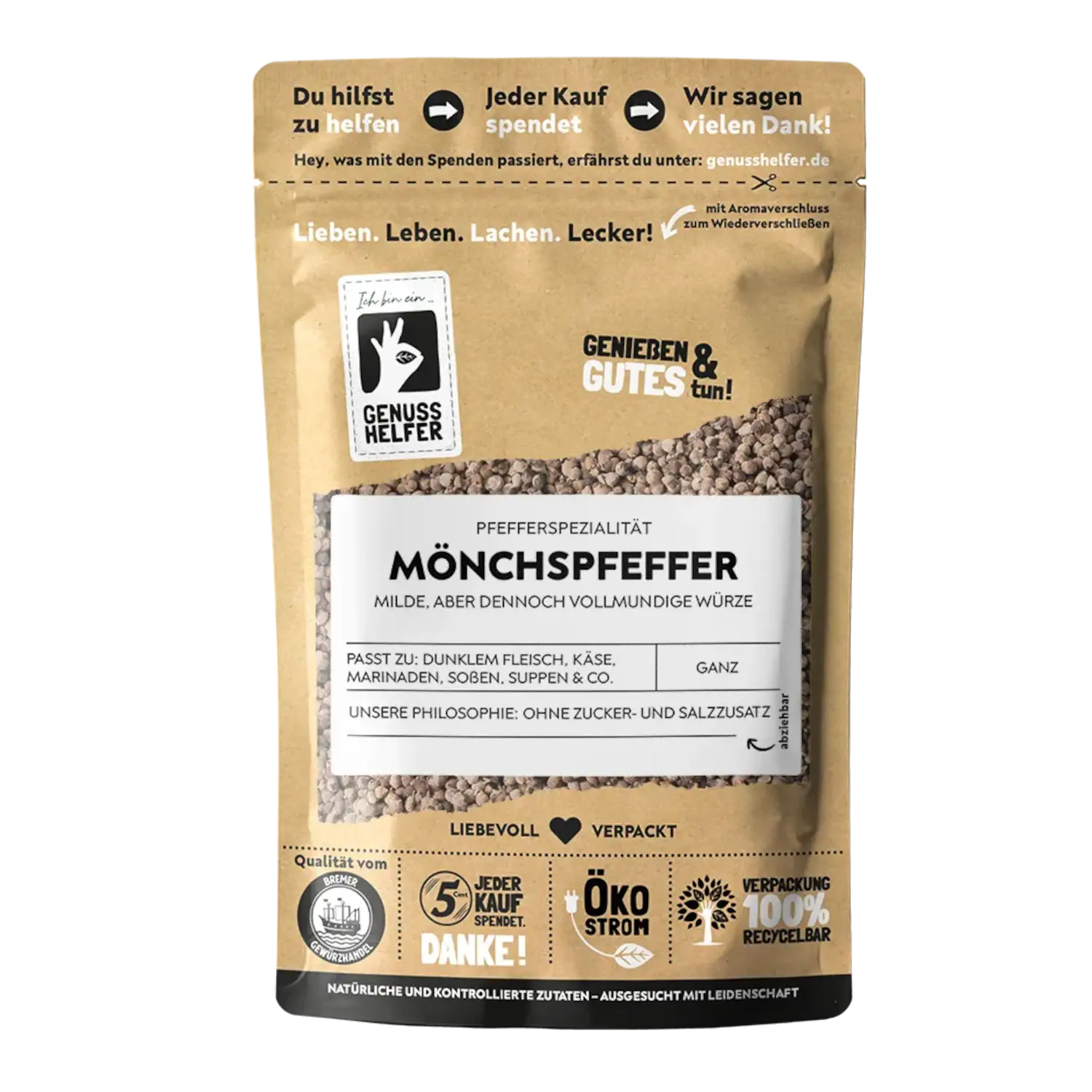 Vorderansicht eines Beutels mit ganzem Mönchspfeffer (Keuschlamm)