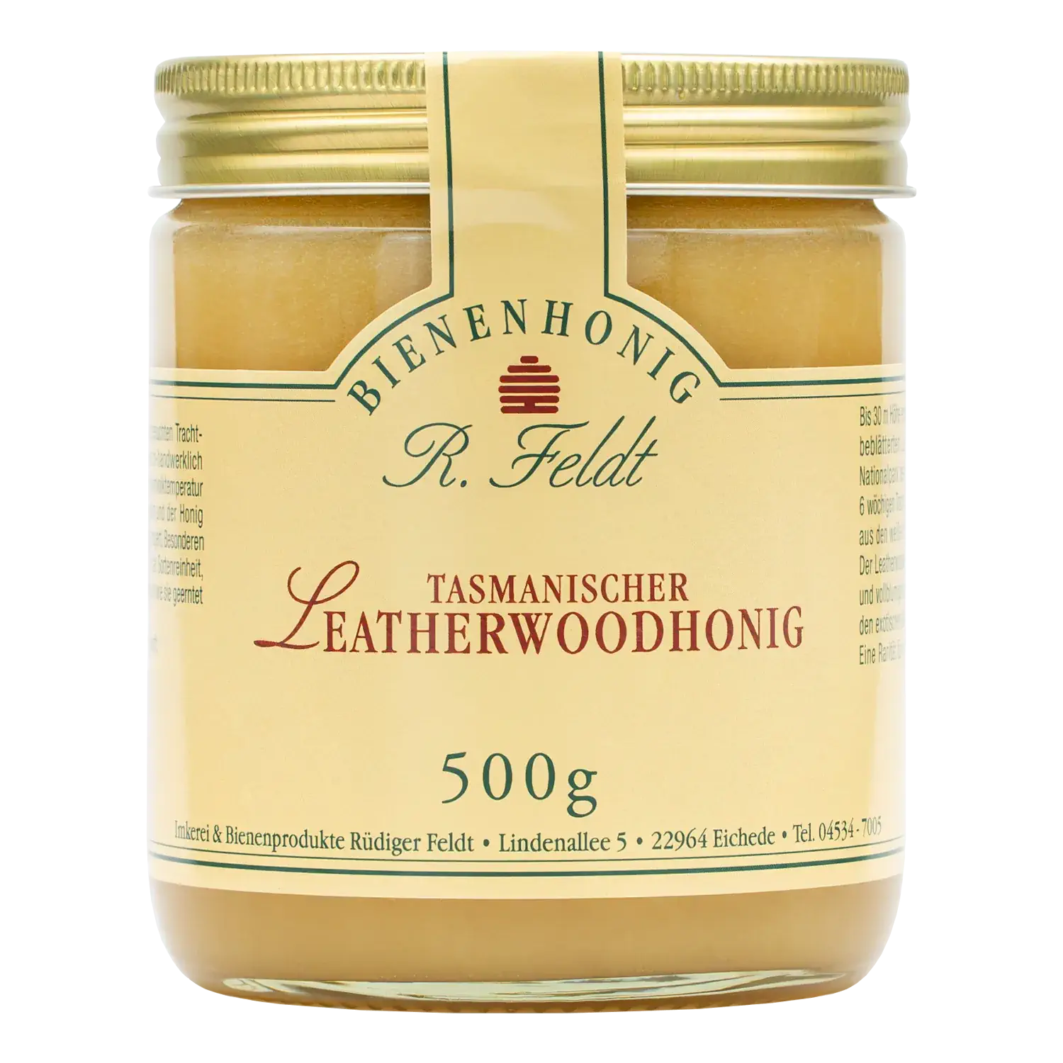 Leatherwood Honig Vorderansicht eines Glases Tasmanischer Leatherwood-Honig