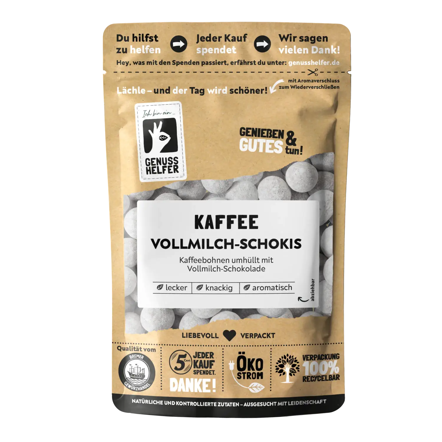 Kaffee Vollmilch Schokis Kaffeebohnen mit Vollmilchschokolade in einer Holzschale