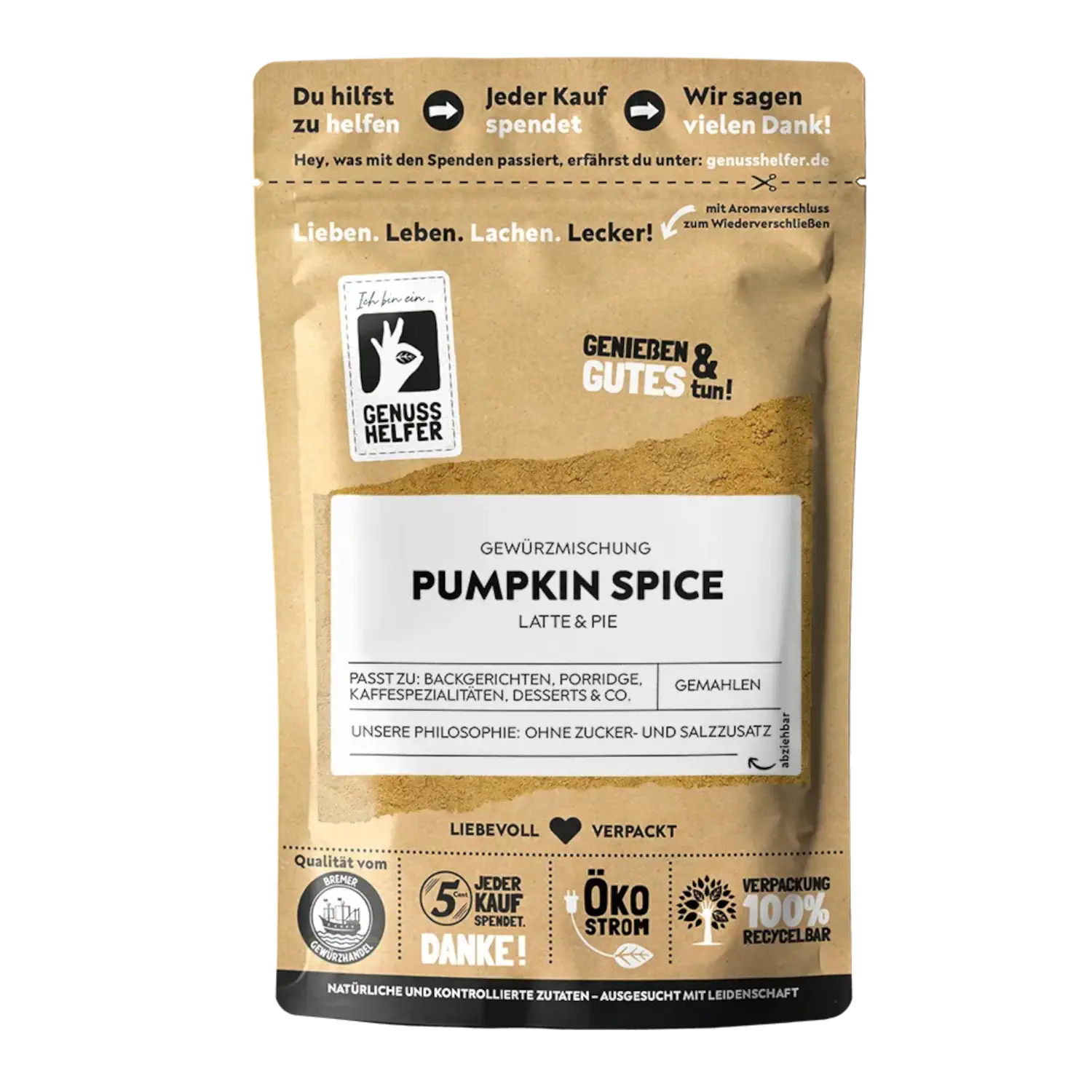 Vorderansicht eines Beutels mit gemahlenem Pumpkin Spice