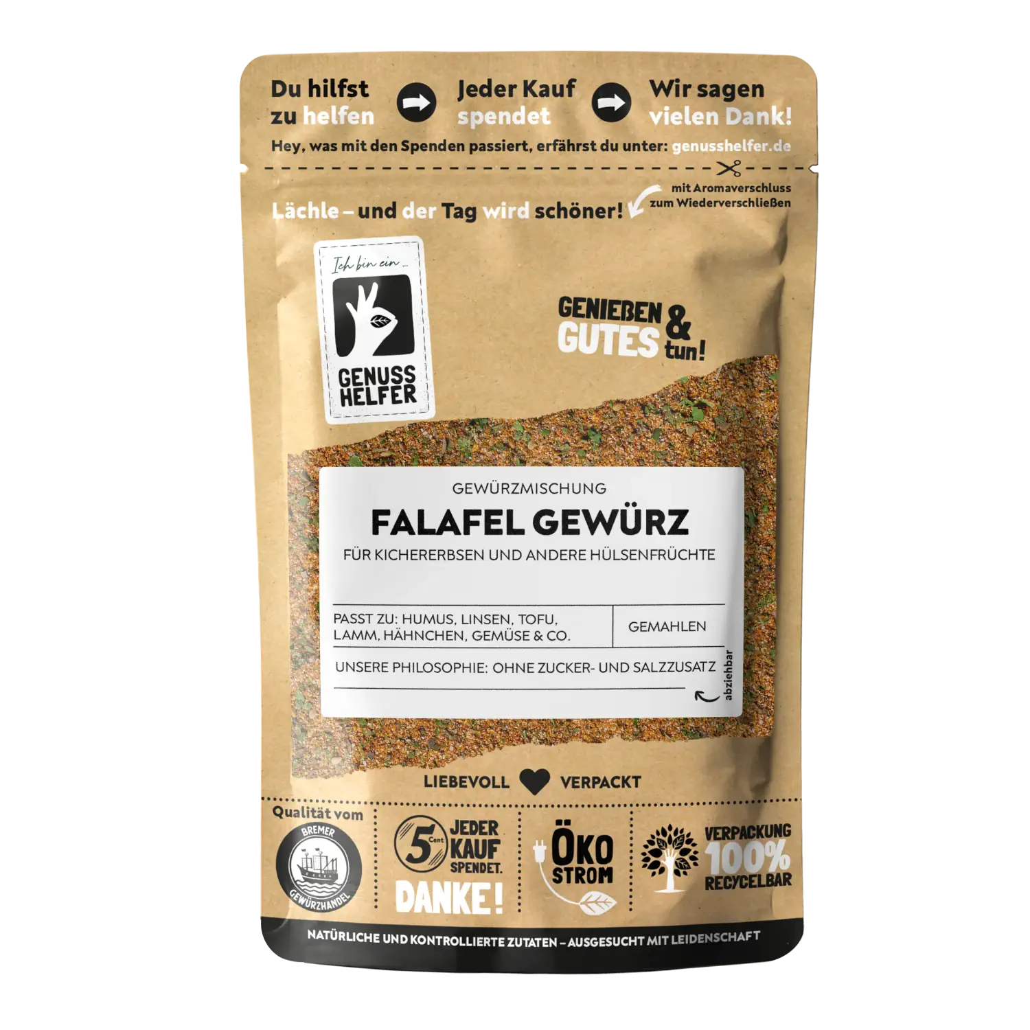 Falafel Gewürz Vorderansicht eines Beutels mit Falafel- und Hülsenfrüchtegewürz