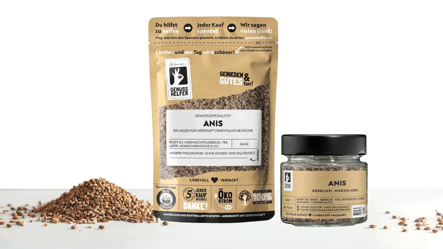 Verschiedene Verpackungsvarianten von Anis, ganz