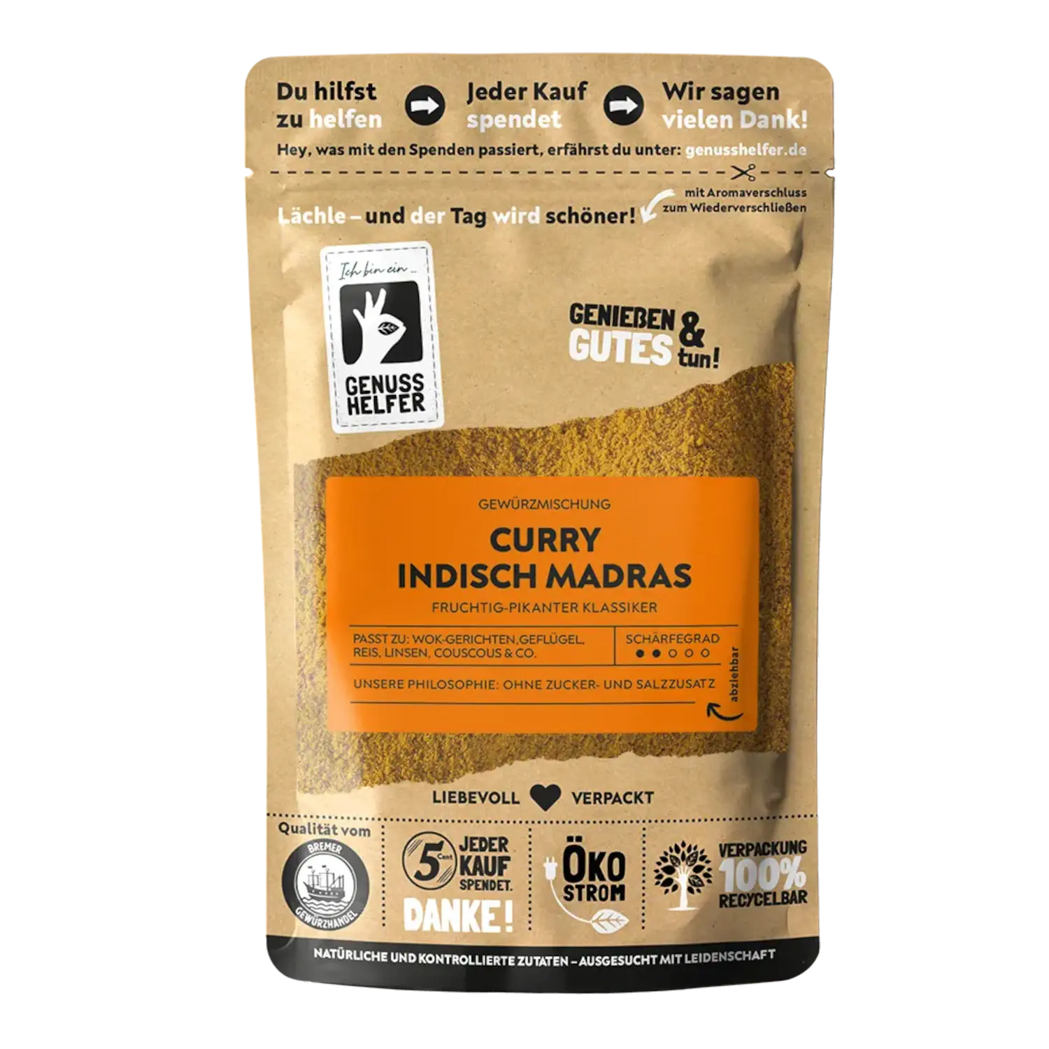Curry Indisch Madras, gemahlen Vorderansicht eines Beutels mit gemahlenem Curry Indisch Madras