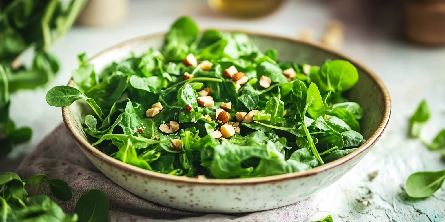 Feldsalat mit ganzen Haselnüssen als Topping serviert