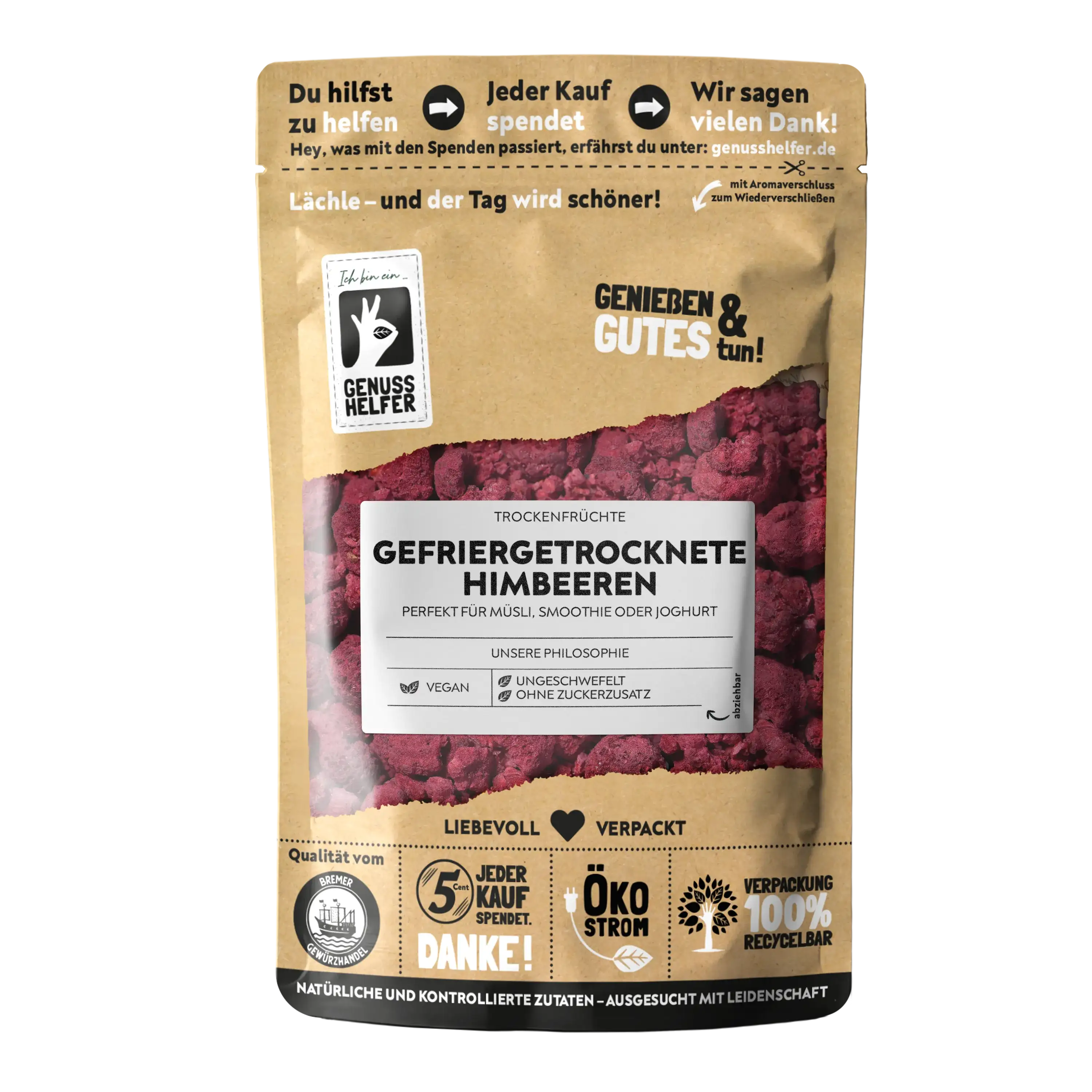 Vorderansicht eines Beutels mit gefriergetrockneten Himbeeren