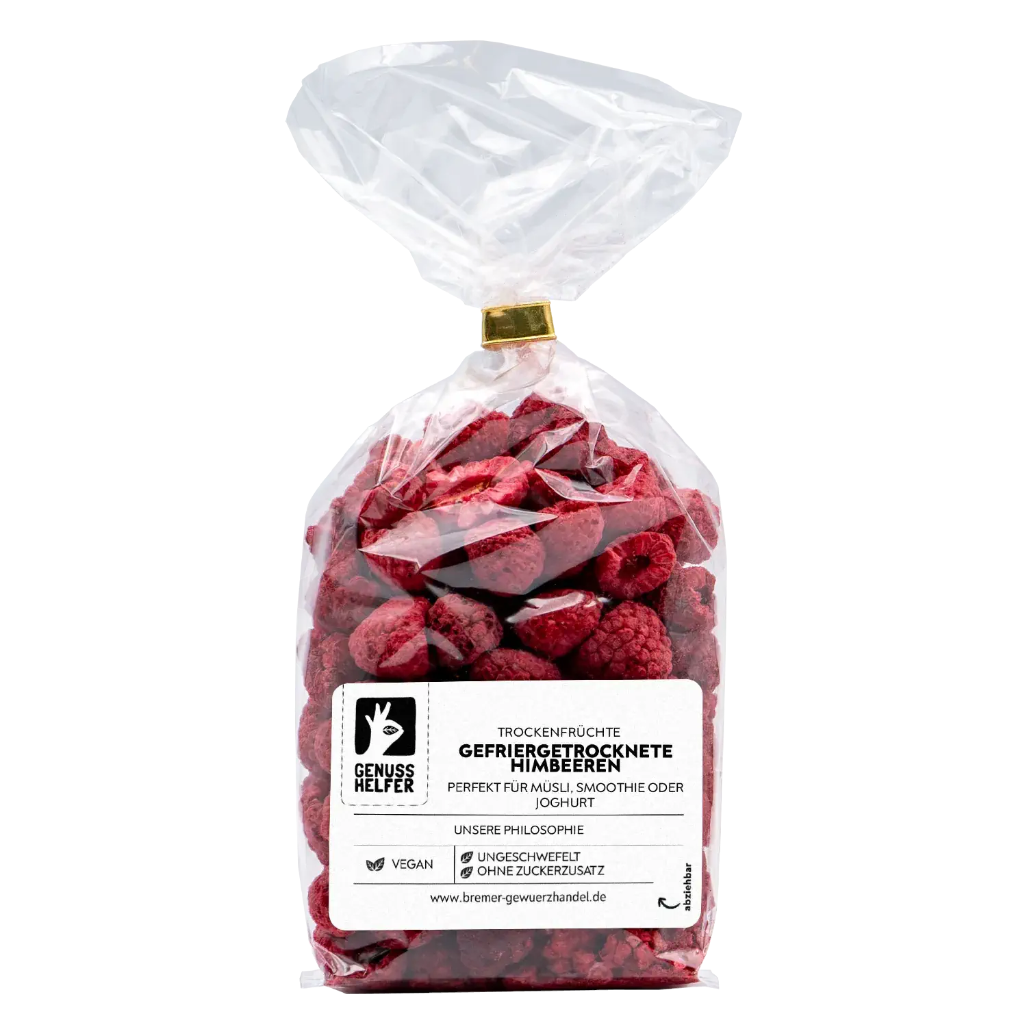 Himbeeren, gefriergetrocknet Vorderansicht eines Beutels mit gefriergetrockneten Himbeeren