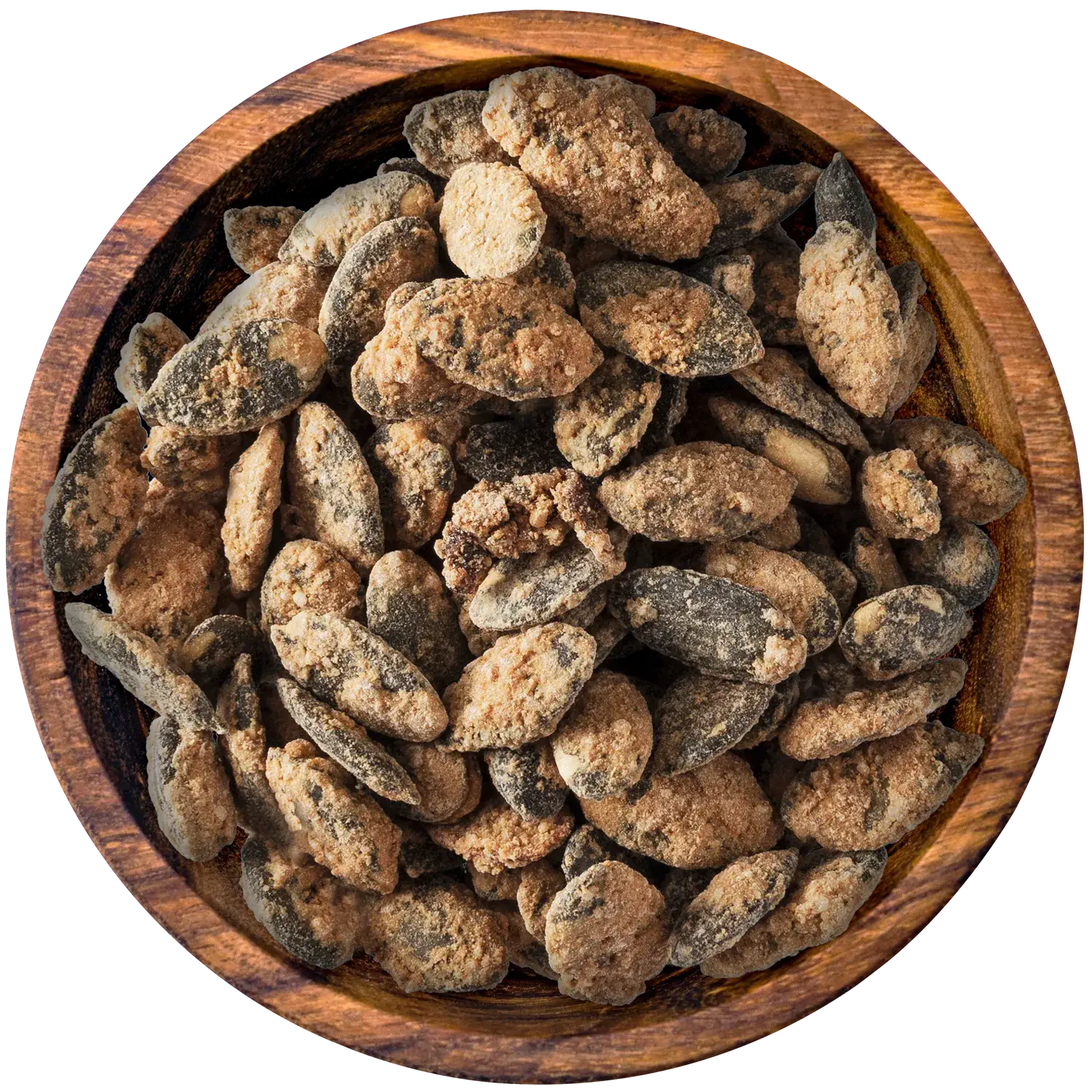 Geröstete Kürbiskerne mit Ginger Spice in einer Holzschale