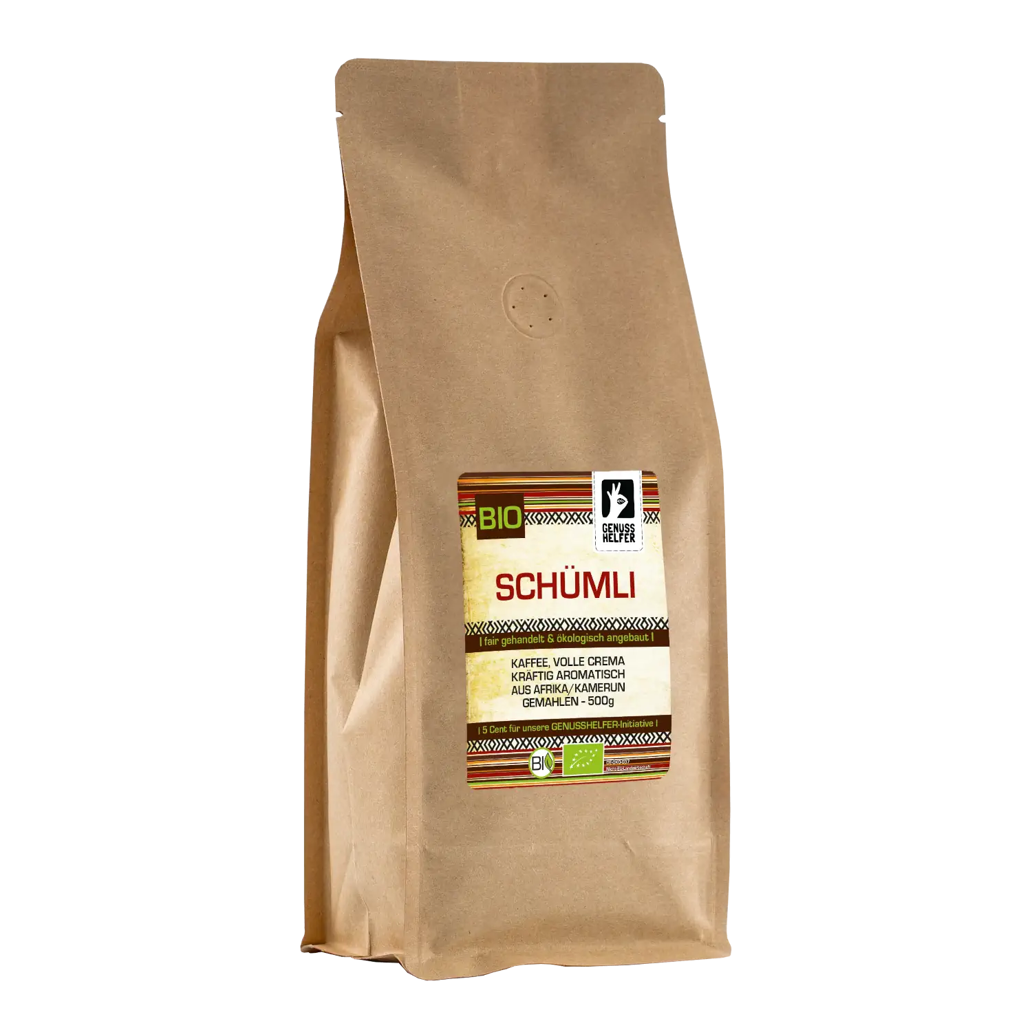 Vorderansicht eines 500-g-Beutels mit gemahlenem Schümli Kaffee