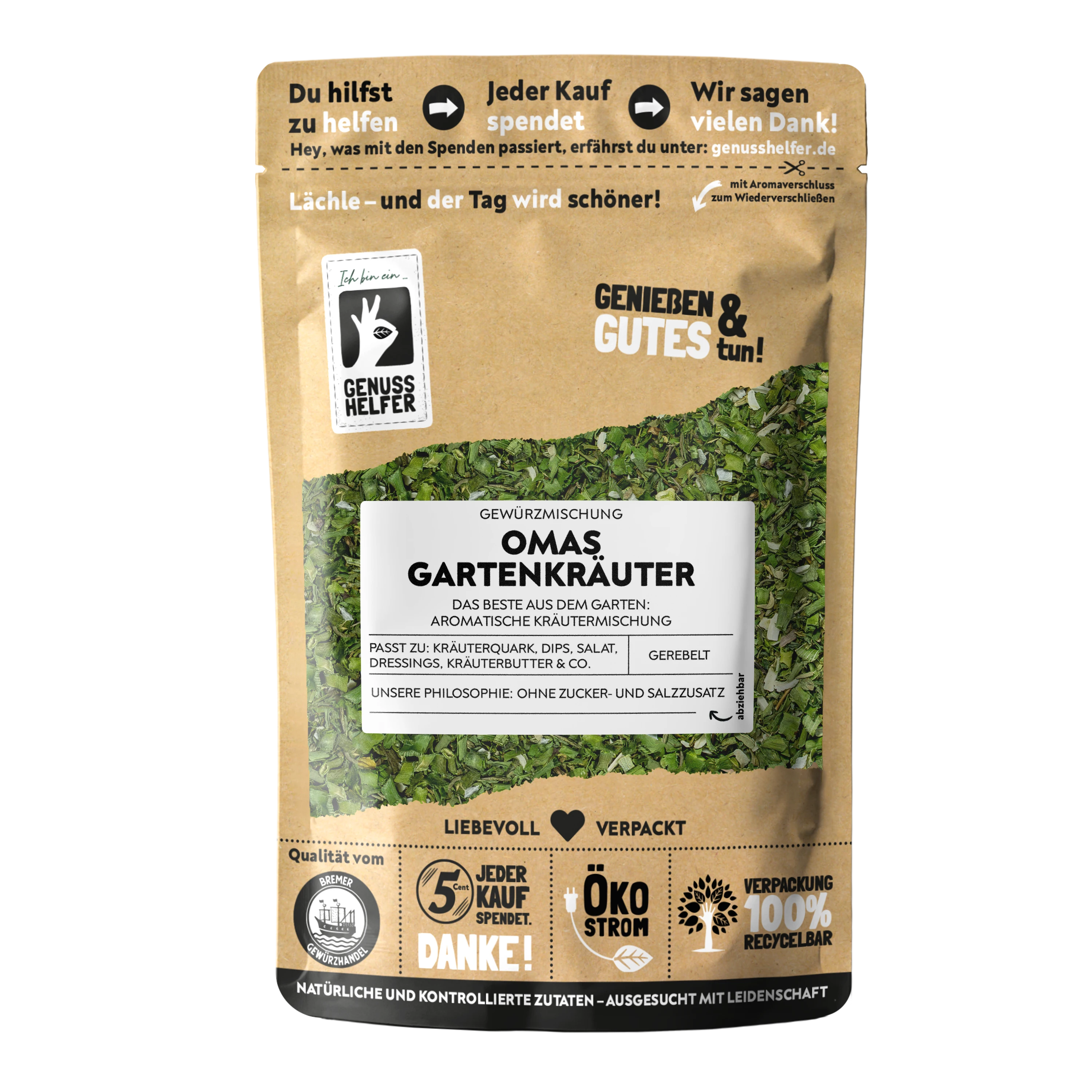 Omas Gartenkräuter Vorderansicht eines Beutels mit Gartenkräutern